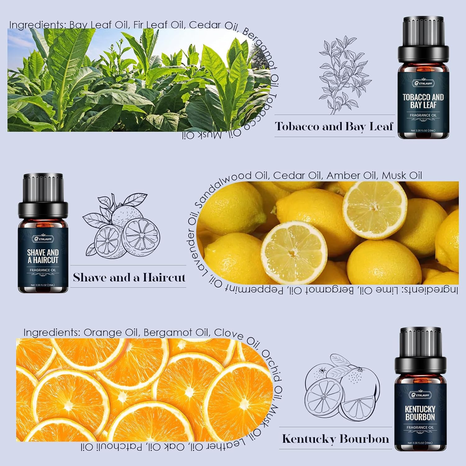 Men Essential Oils Set - TOP 6 Gentlemen's Fragrance Oil for Diffuser, Candle & Soap Making - Tobacco and Bay Leaf, Kentucky Bourbon, Galactic Skies, Scotch Whisky, Birchwood Oud - Image 6