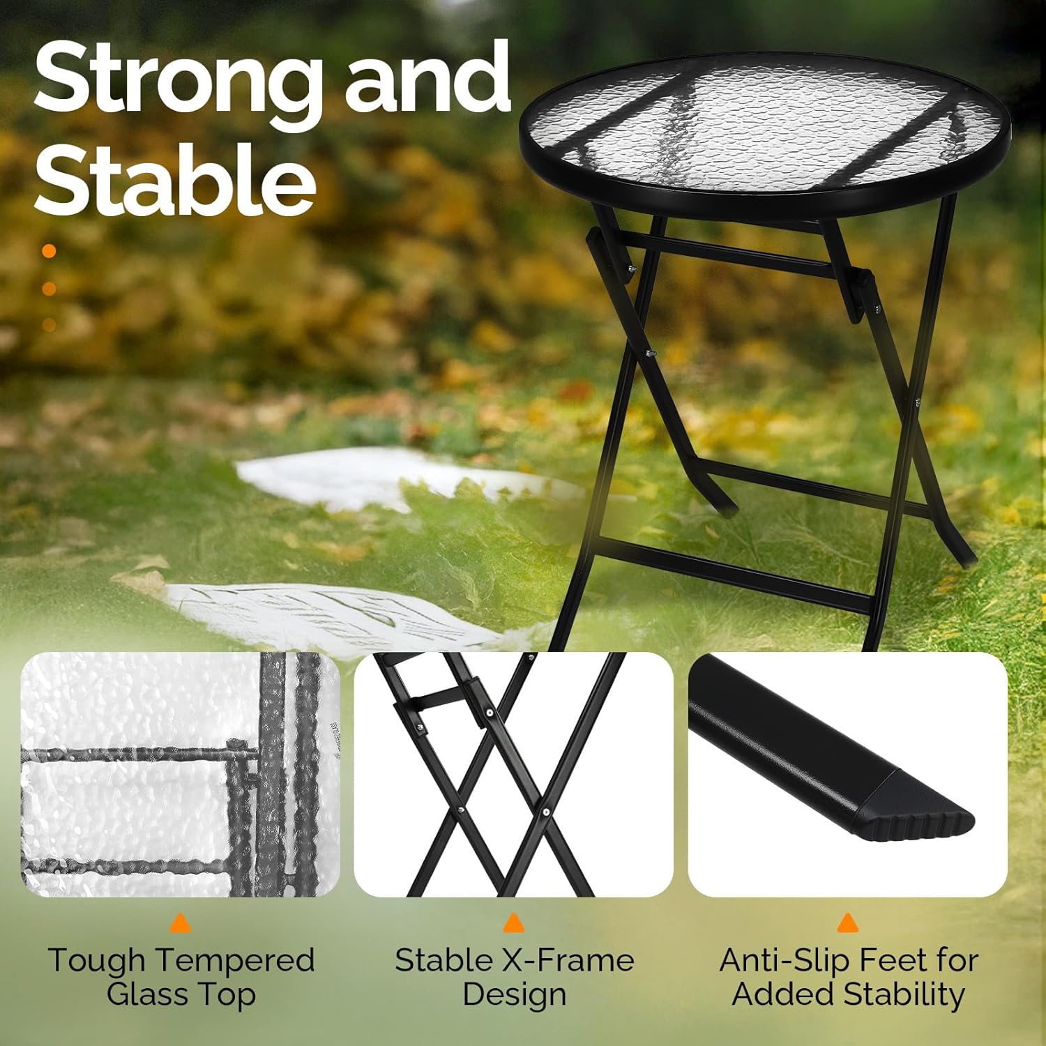 VINGLI Folding Glass Outdoor Side Table, 23.6 Inches Small Foldable Patio Bistro Table with Tempered Glass Table Top for Lawn & Garden, Balcony, Porch and Pool, Round