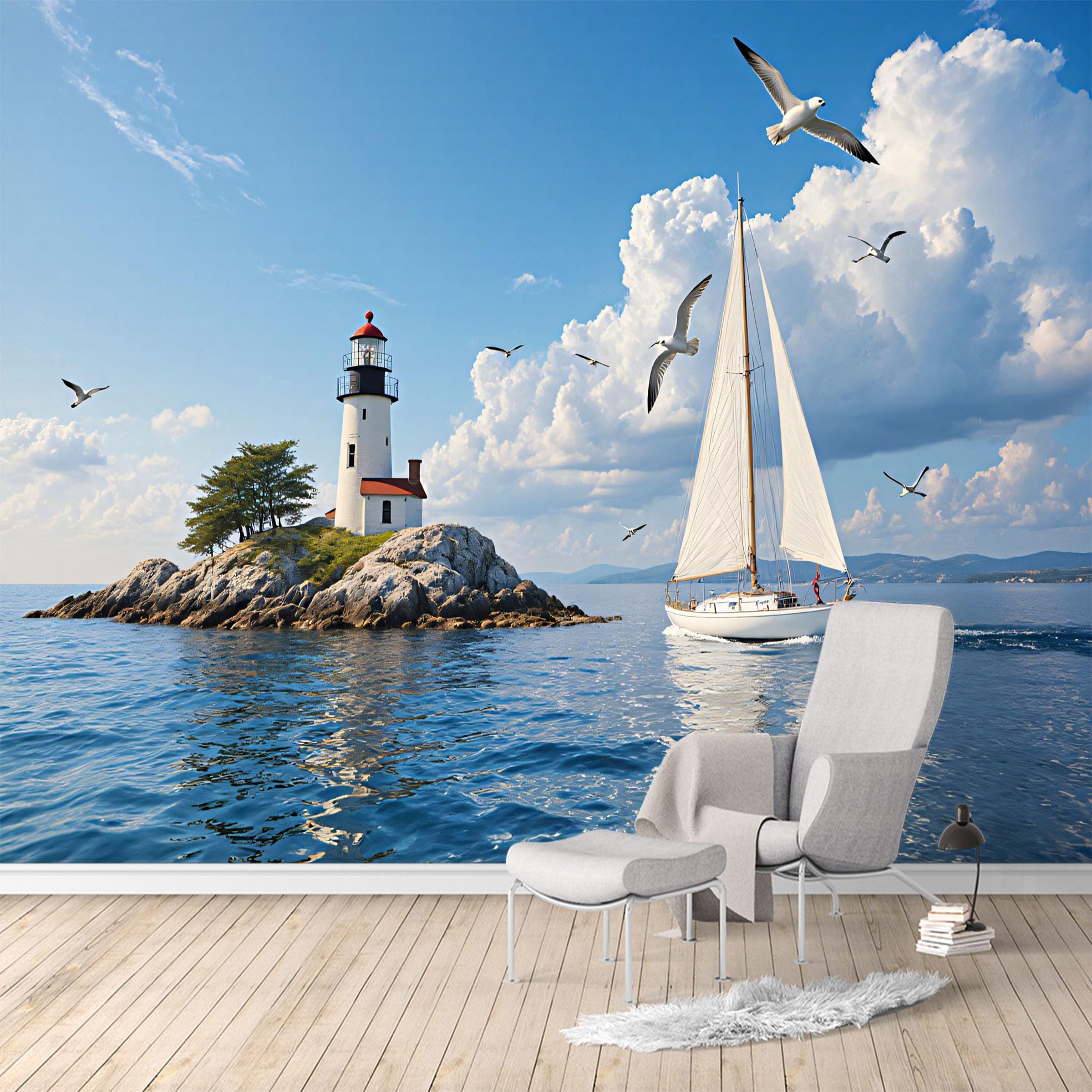 Custom Size Wall Murals, Lighthouse Seascape Sailboat Seagulls Ocean Sky View, Removable Self Adhesive Large Wallpaper Mural for Living Room Bedroom Office Home Decor