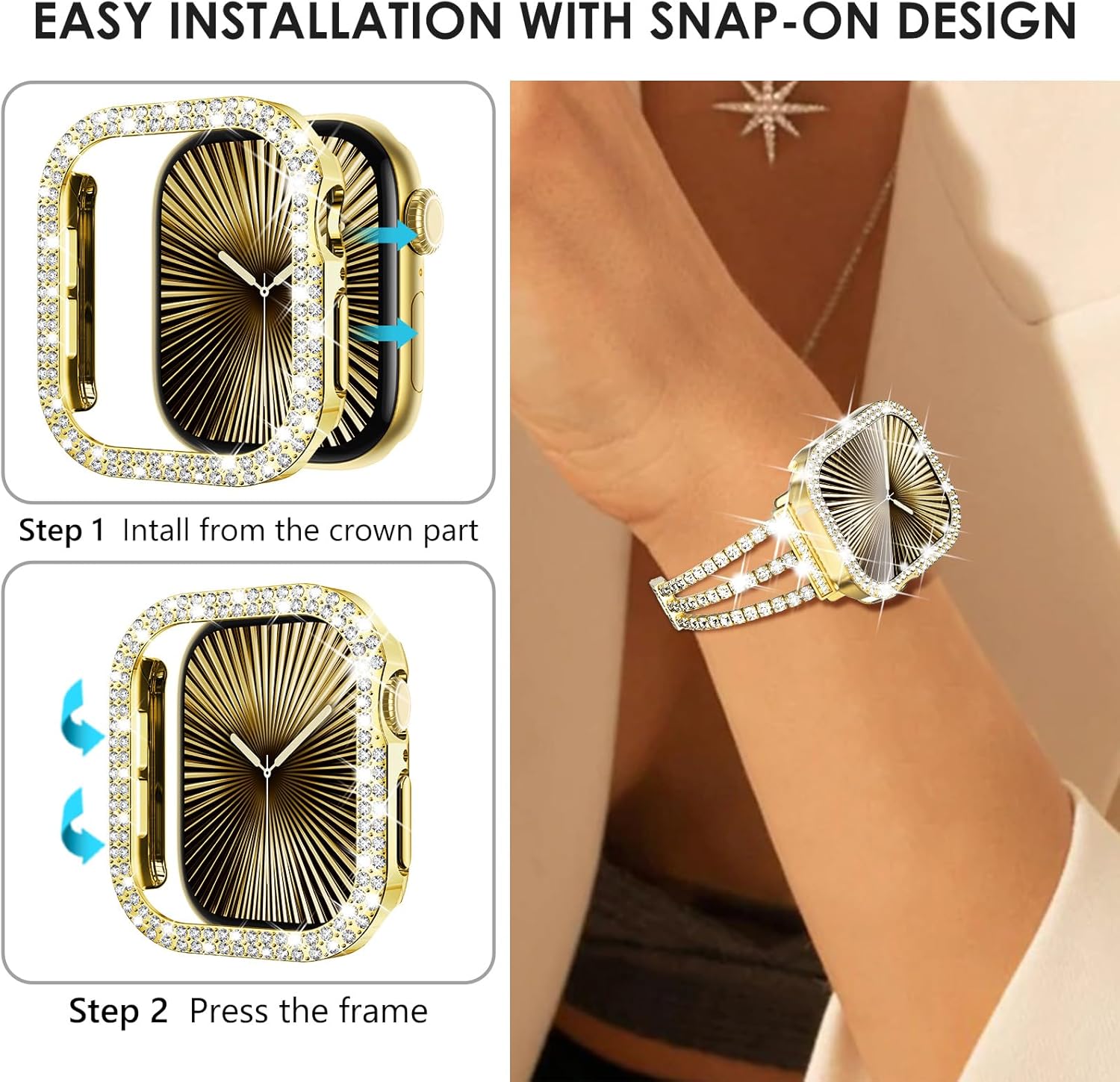 WINGLE 2 Pack for Apple Watch Case Series 11 10 42mm Bumper Case, Bling Glitter Diamond Crystal Rhinestone Protective Face Cover Apple Watch 11 10 42 mm Shockproof iWatch Protector, Gold/Clear - Image 5