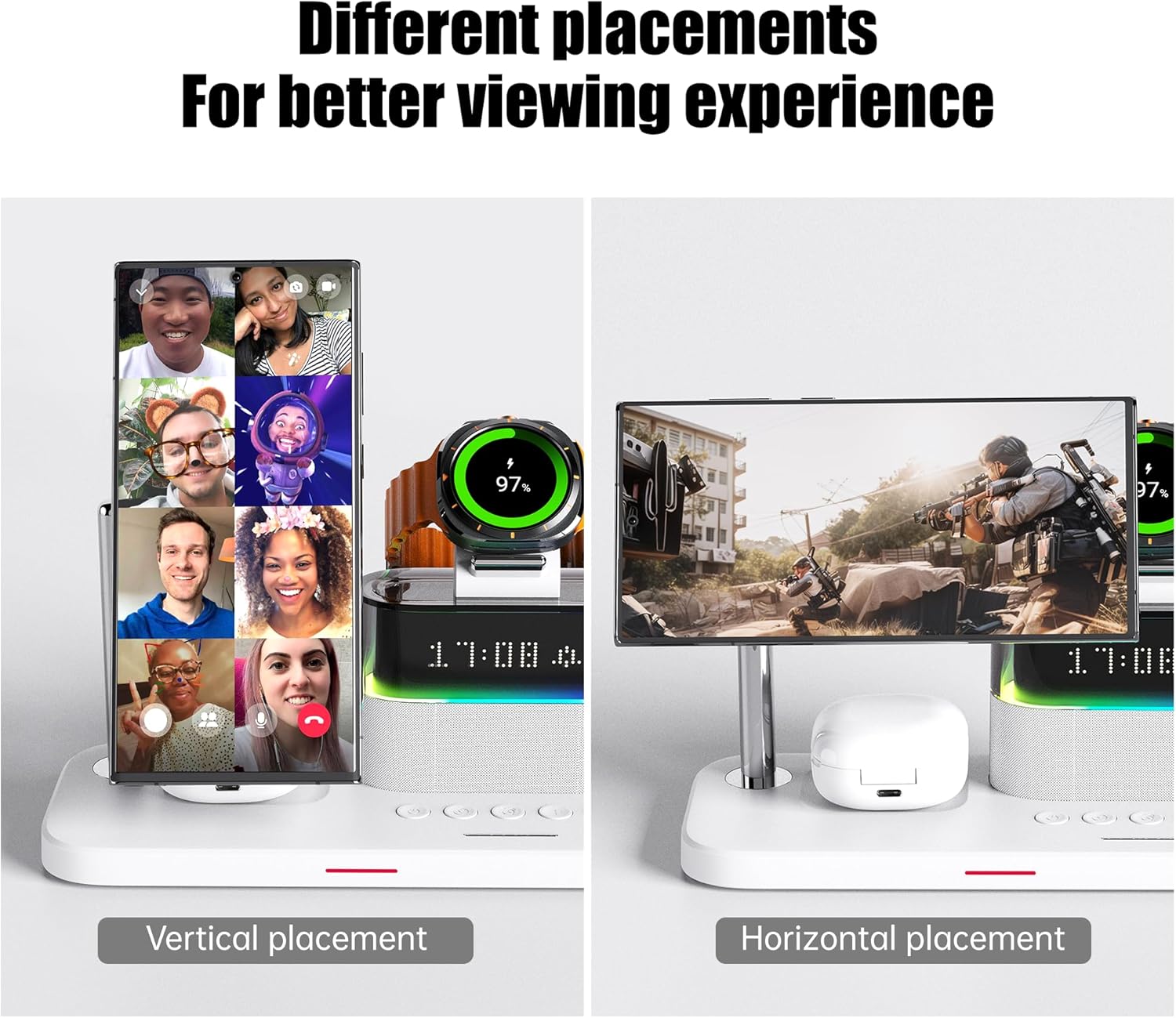 Magnetic Charger for Samsung, 5 in 1 Wireless Charging Station with Alarm Clock for Samsung Galaxy S25 Ultra/S24/S23/S22,Galaxy Watch 7/6/4/5,Galaxy Buds/Pro, White - Image 7