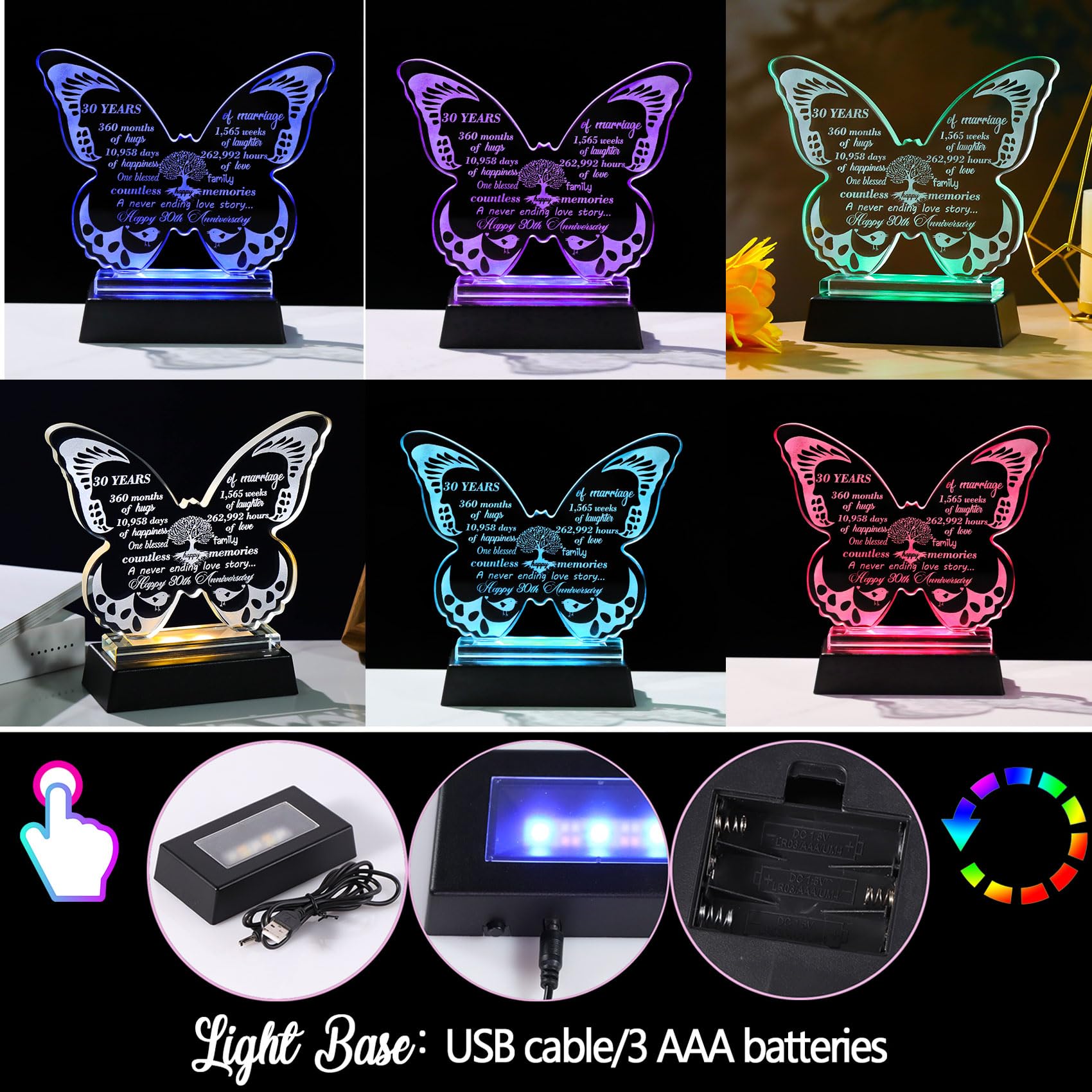 Ornalrist 13.6cm Glass Happy 30th Wedding Anniversary Love Gifts for Parents Couples- 30th Anniversary Butterfly Keepsake with LED Base Home Ornaments - Image 2