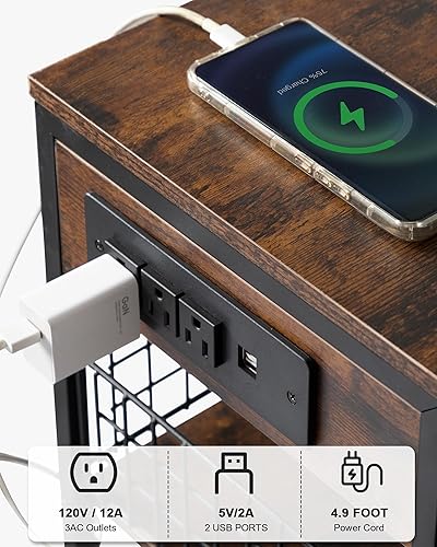 Miniatura 4 de Hadulcet Mesa auxiliar con estación de carga, mesa auxiliar enrollable de 3 niveles con cesta de almacenamiento y ruedas, mesa auxiliar de metal