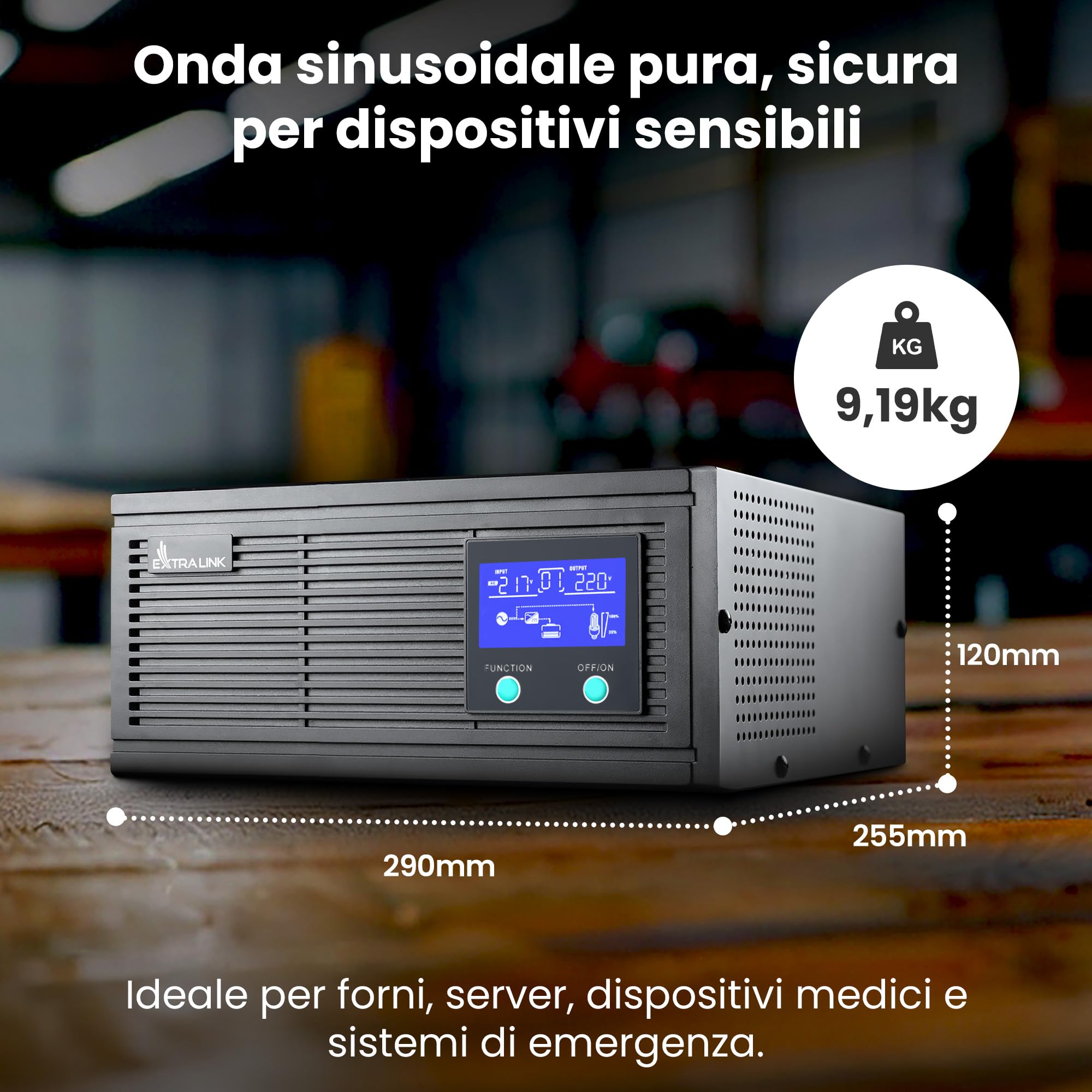 Extralink PIORUN UPS 1200W a onda sinusoidale pura da 24V a 220V | alimentazione di emergenza e inverter con display LCD | gruppo di continuità per riscaldamento, server, dispositivi medici