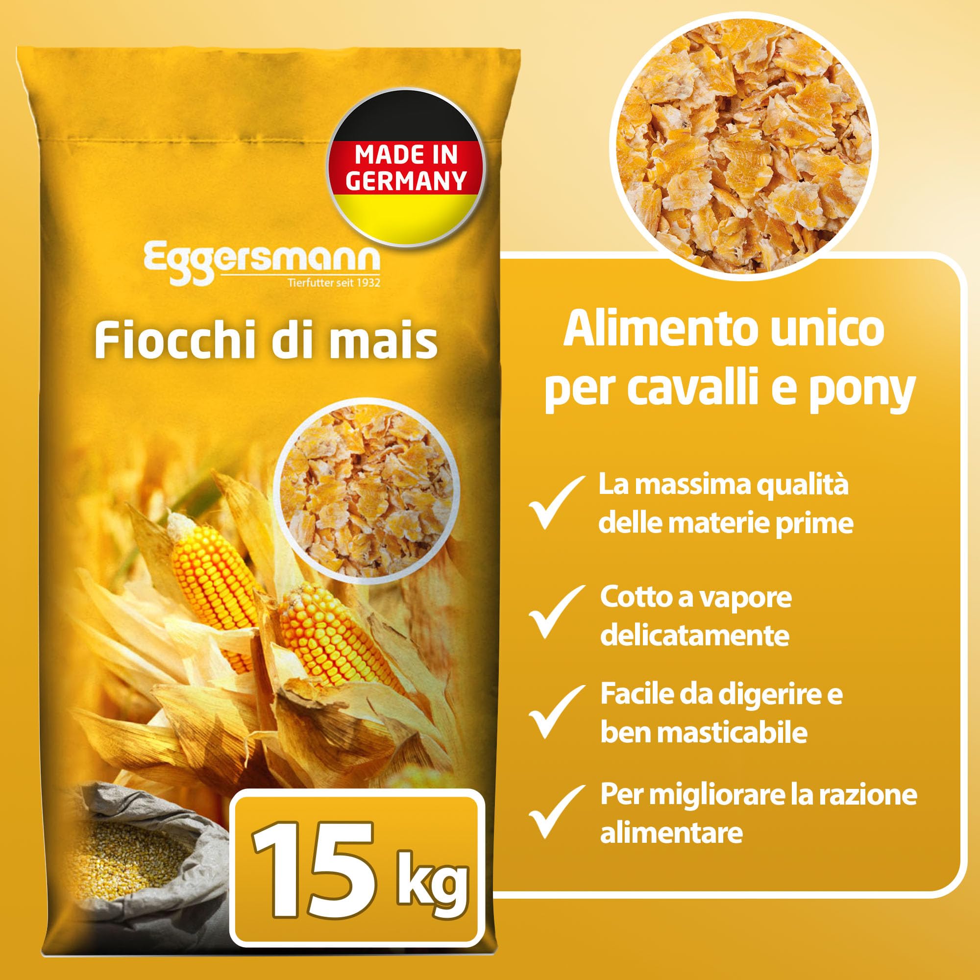 Eggersmann Fiocchi di Mais 15 kg – Mangime Unico per Cavalli e Pony – Ideale in Caso di Maggiore Potenza e Animali indeboliti – Fornisce energia e Supporta L'Aumento di Peso