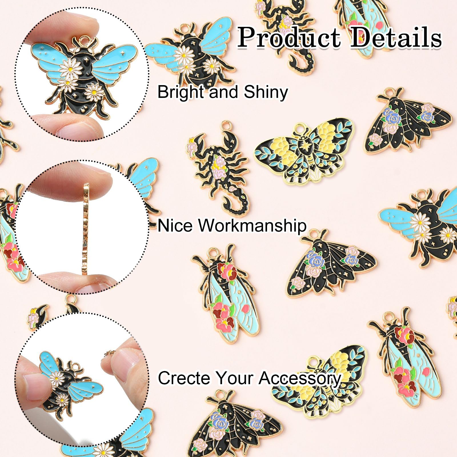 Stiesy 20Pcs 5 Styles Enamel Black Insect Animal Charms Pendants with Flower Butterfly Bees Beetle Scorpion Cicada Charms for DIY Crafts Gift Jewelry Making - Image 3