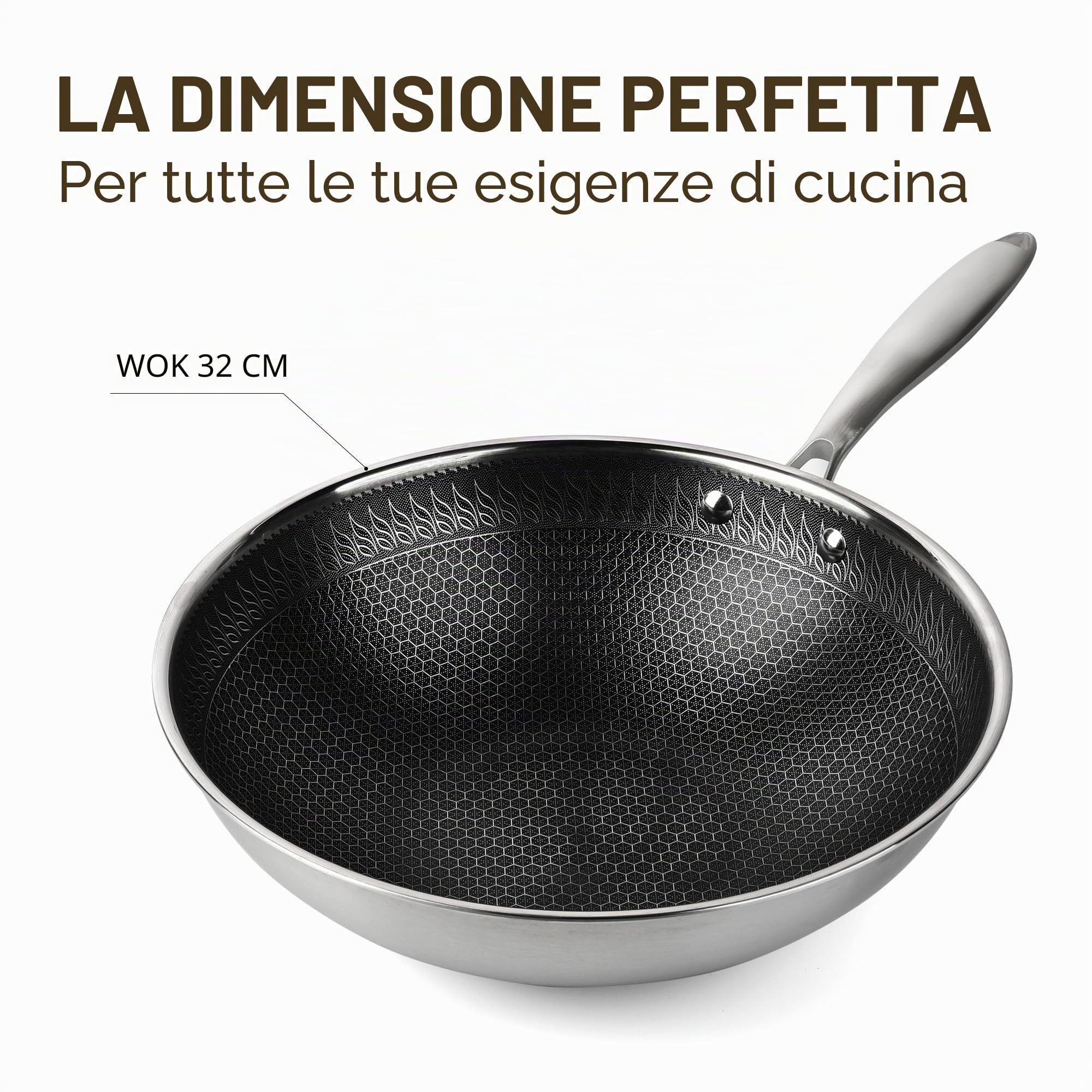RIOVARM 32cm Wok in acciaio inox con coperchio, Antiaderente Fondo piatto Padella Wok, A tre strati Struttura a nido d'ape, Lavabile in lavastoviglie A prova di forno, Induzione, Piani cottura a gas