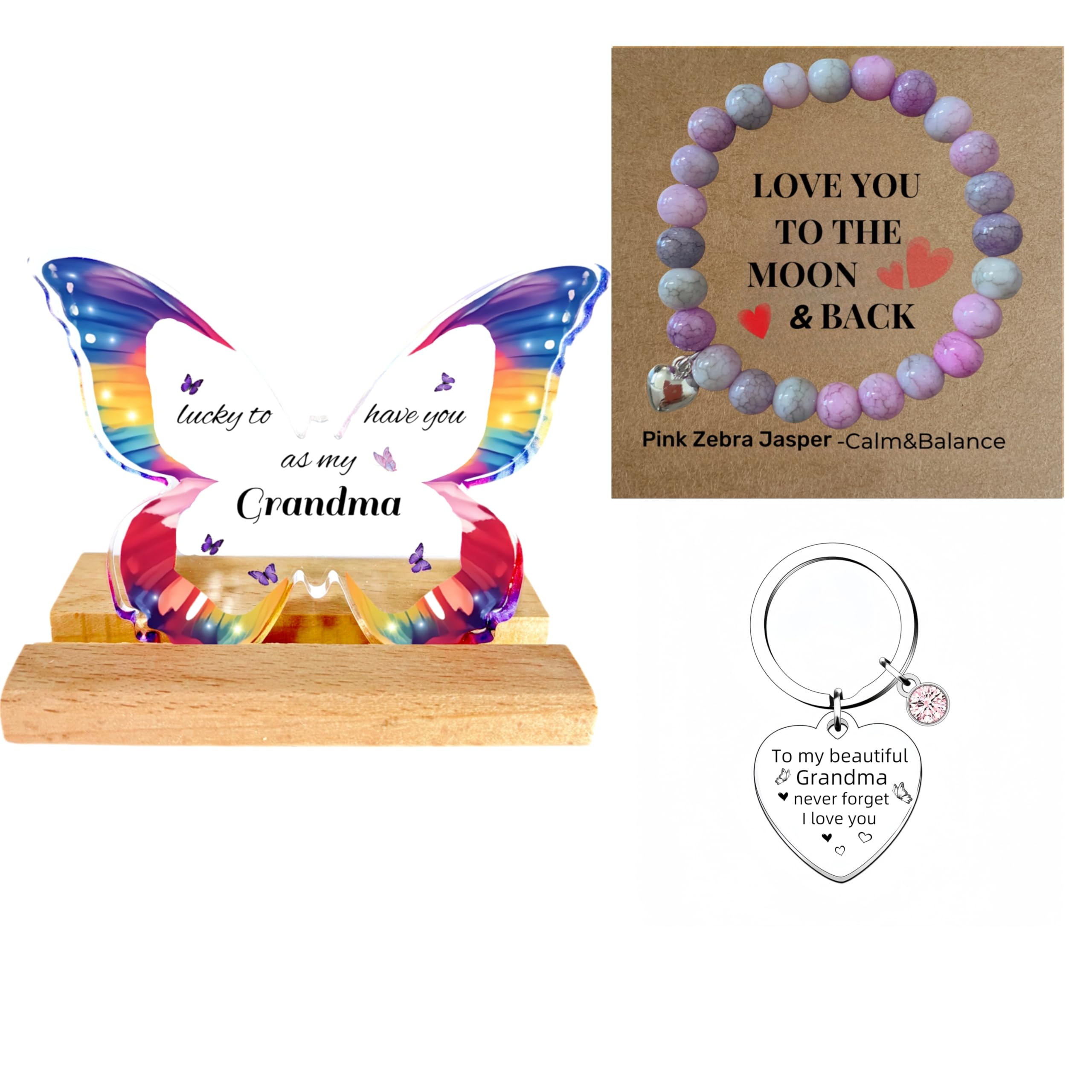 Trcousoa Multicolour Heartfelt Grandma Gifts Set Christmas- Grandma Birthday Gifts, Mothers Day Gifts, Acrylic Butterfly Display And Pink Zebra Jasper