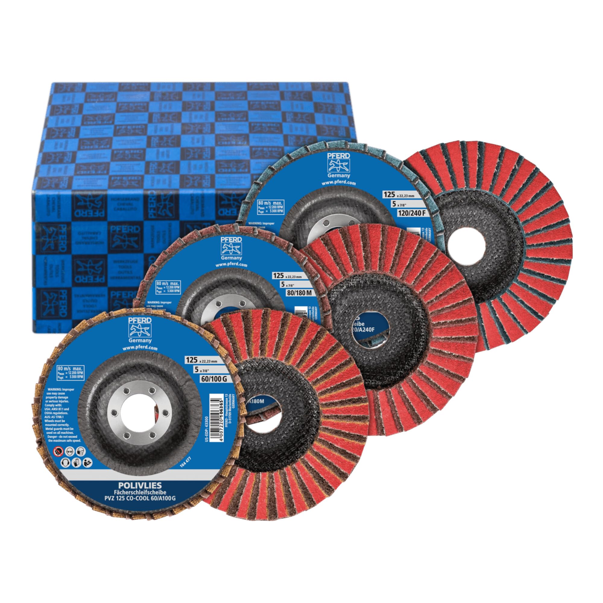 PFERD 44698006 POLIVLIES tarcze wachlarzowe zestaw PVZ, 3-częściowy | ceramika Ø 125 mm Ø otworu 22,23 mm CO 60/G, 80/M, 120/F | do szlifowania końcowego, korund A/C0-COOL