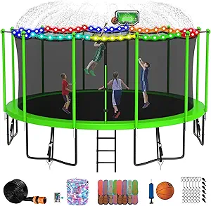 DeepRoar Tranpoline for Kids and Adults, 1500LBS 16FT 15FT 14FT 12FT 10FT 8FT Tranpoline with Basketball Hoop, Safety Enclosure Net, Heavy Duty Tranpoline with Light, Sprinkler, Socks, ASTM Approved
