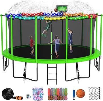 DeepRoar Tranpoline for Kids and Adults, 1500LBS 16FT 15FT 14FT 12FT 10FT 8FT Tranpoline with Basketball Hoop, Safety Enclosure Net, Heavy Duty Tranpoline with Light, Sprinkler, Socks, ASTM Approved