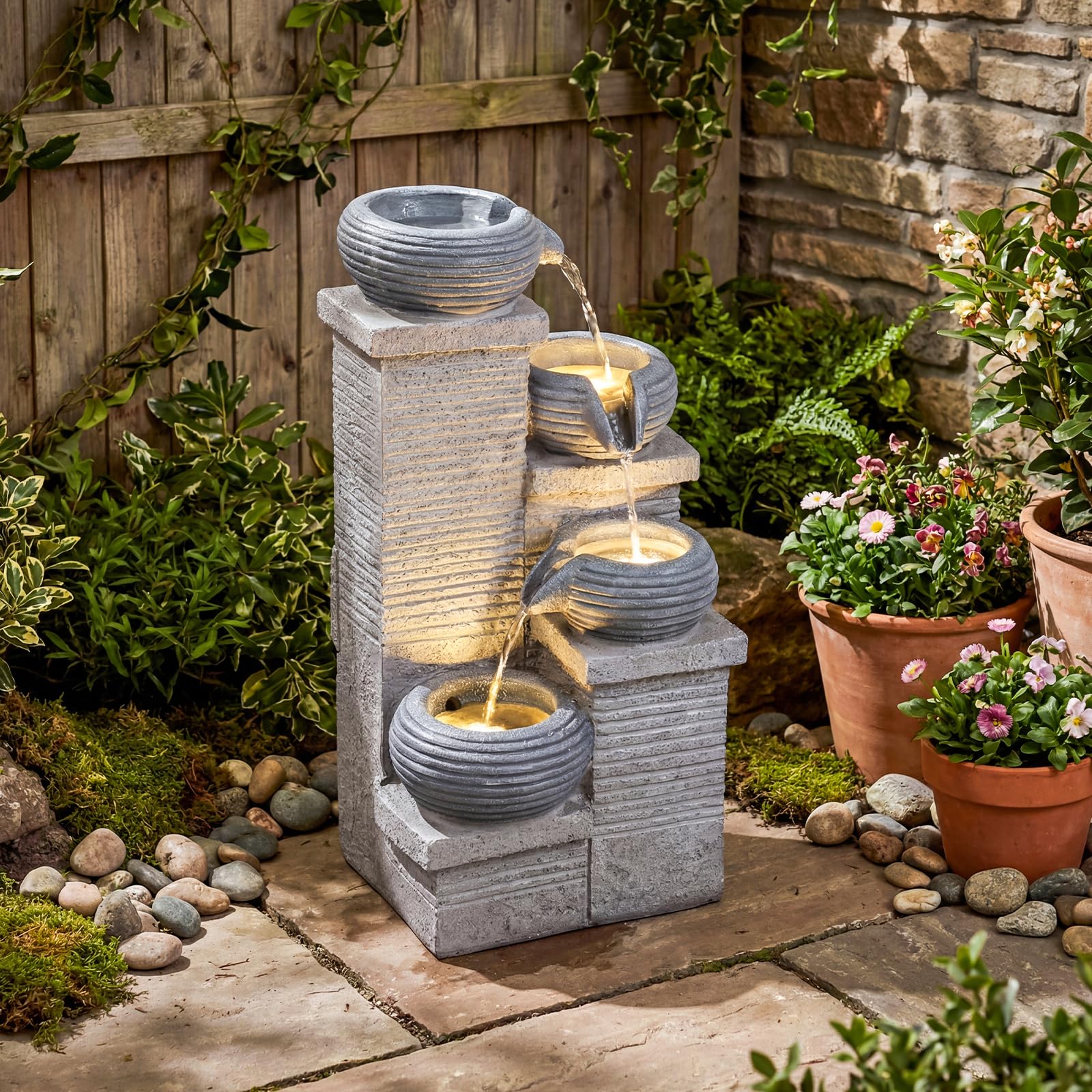 COSTWAY Fuente de Agua Decorativa con Luz LED, Fuente de Jardín Cascada de 4 Niveles con Cuencos, Flujo Ajustable y Bomba, Decoración Zen Interior Exterior para Patio Hogar Oficina, 28 x 22 x 58 cm