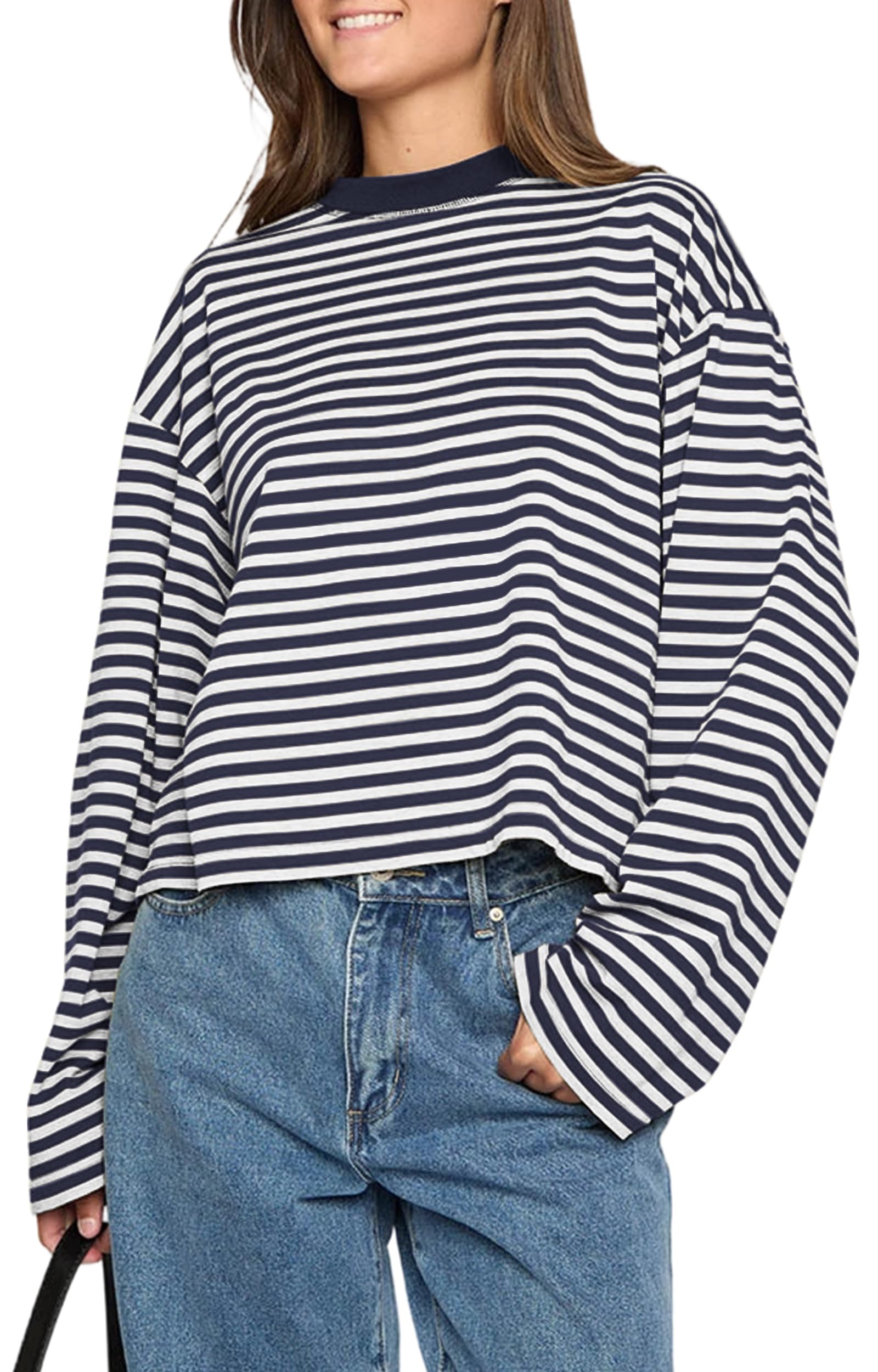 LEBOOBELL Femme Manches Longues à Rayures T-Shirt Pull à col Rond Sweatshirt Ample décontracté pour Printemps été - 1