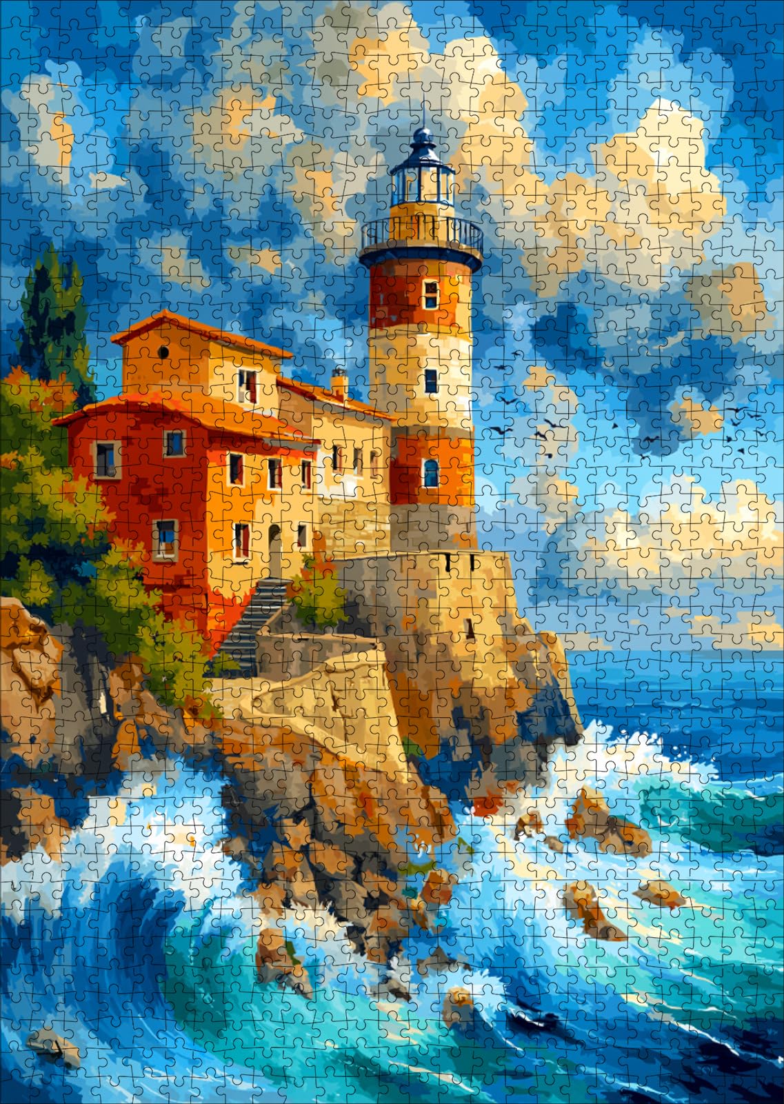 View 1 of 1000 Pieces Jigsaw Puzzle for Adults - Coastal Lighthouse & Seaside Villa Oil Painting Style, 27.5 * 19.7 Inches Challenging Puzzle Game for Home Decor & Relaxation (Day Towel)
