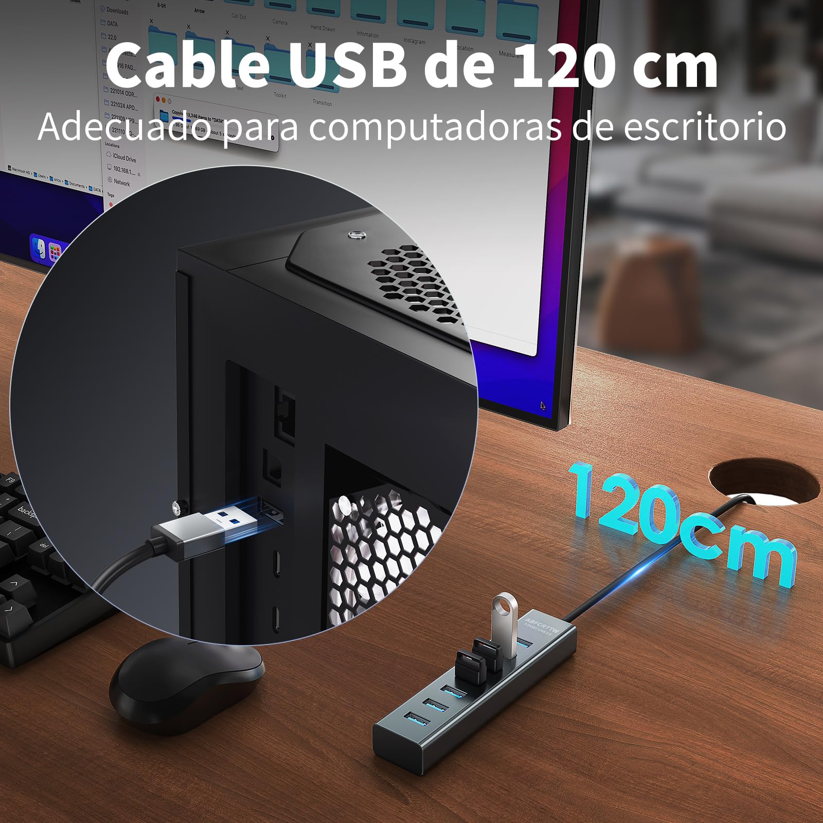 7 Puertos Hub USB 3.0 con 120cm Cable para PC Computadora, Aluminio USB Hub Adaptador multipuerto con USB 3.0 5Gbps, 5V 3A USB-C Alimentado para PC, Laptop, MacBook, Mouse, Teclado, U-Disk etc.