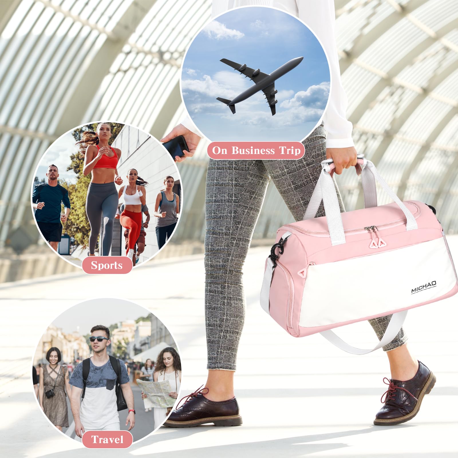 Damcyer Bolsa De Deporte, Bolsa Deporte Mujer para Mujer Grande con Compartimento Zapatos y Compartimento Mojado, Bolsa De Viaje Mochila Gimnasio, Blanco+Rosa — view 6