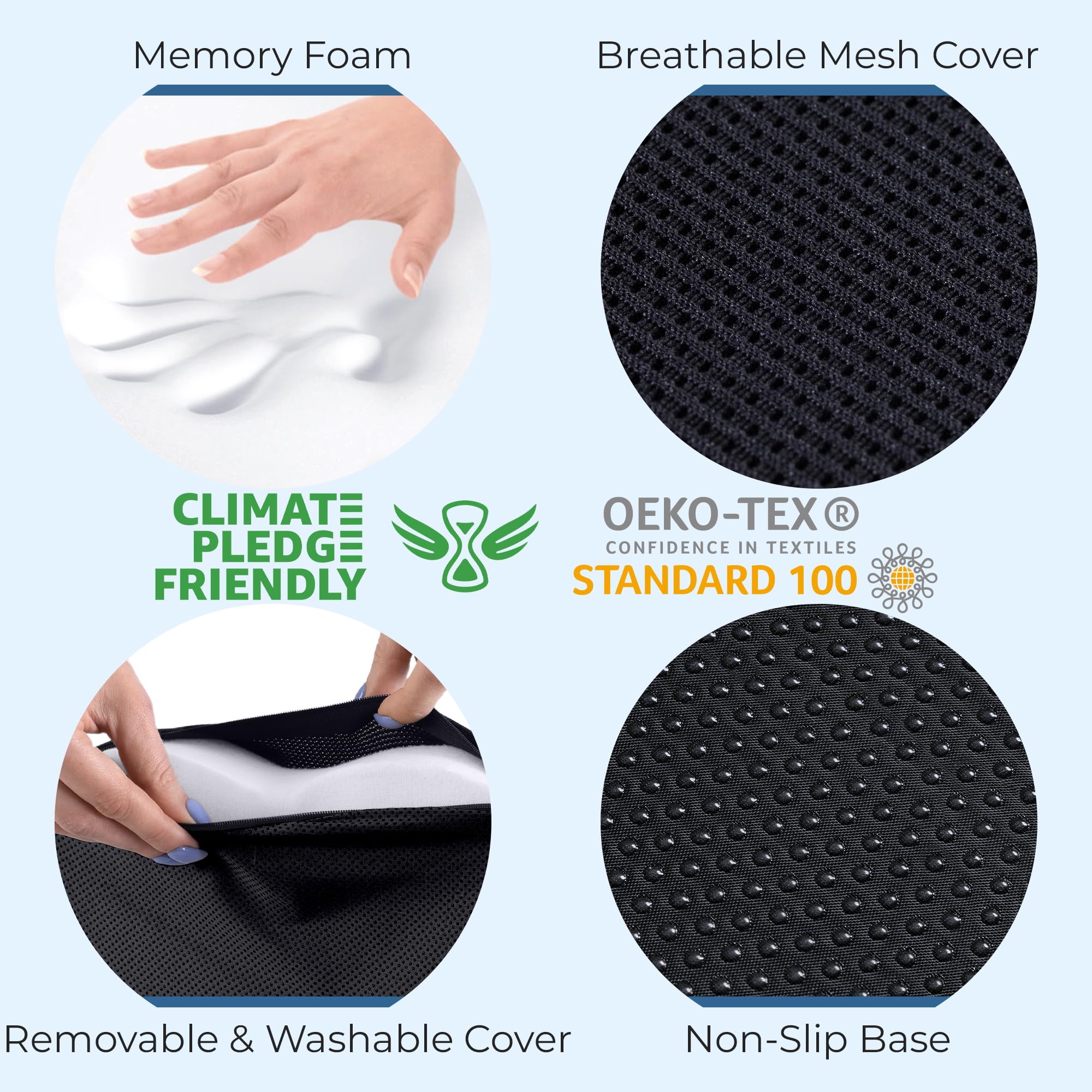 5 STAR UNITED, Cuscino per sedia in memory foam supporto ergonomico per il coccige per sedia da ufficio, sollievo da sciatica e mal di schiena, antiscivolo - fodera lavabile in lavatrice - Nero Artico