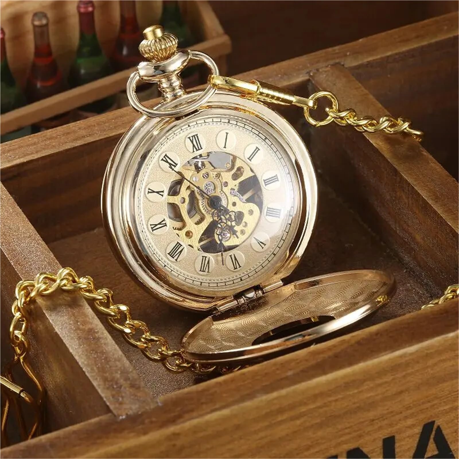 Steampunk Vintage Mechanische Taschenuhr Skelett Zifferblatt Gravierte Fall Fob Kette Anhänger Sammlung Uhr
