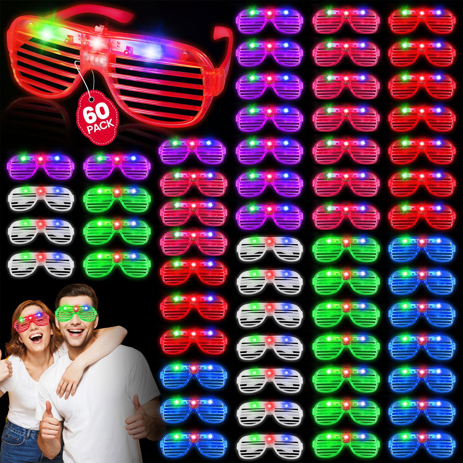 LED-Brillen, 6 Farben, leuchtende Brillen, leuchtet im Dunkeln, Partyzubehör für Erwachsene, leuchtende Shutter-Gläser für Valentinstag, Silvester, Geburtstag, 60 Stück