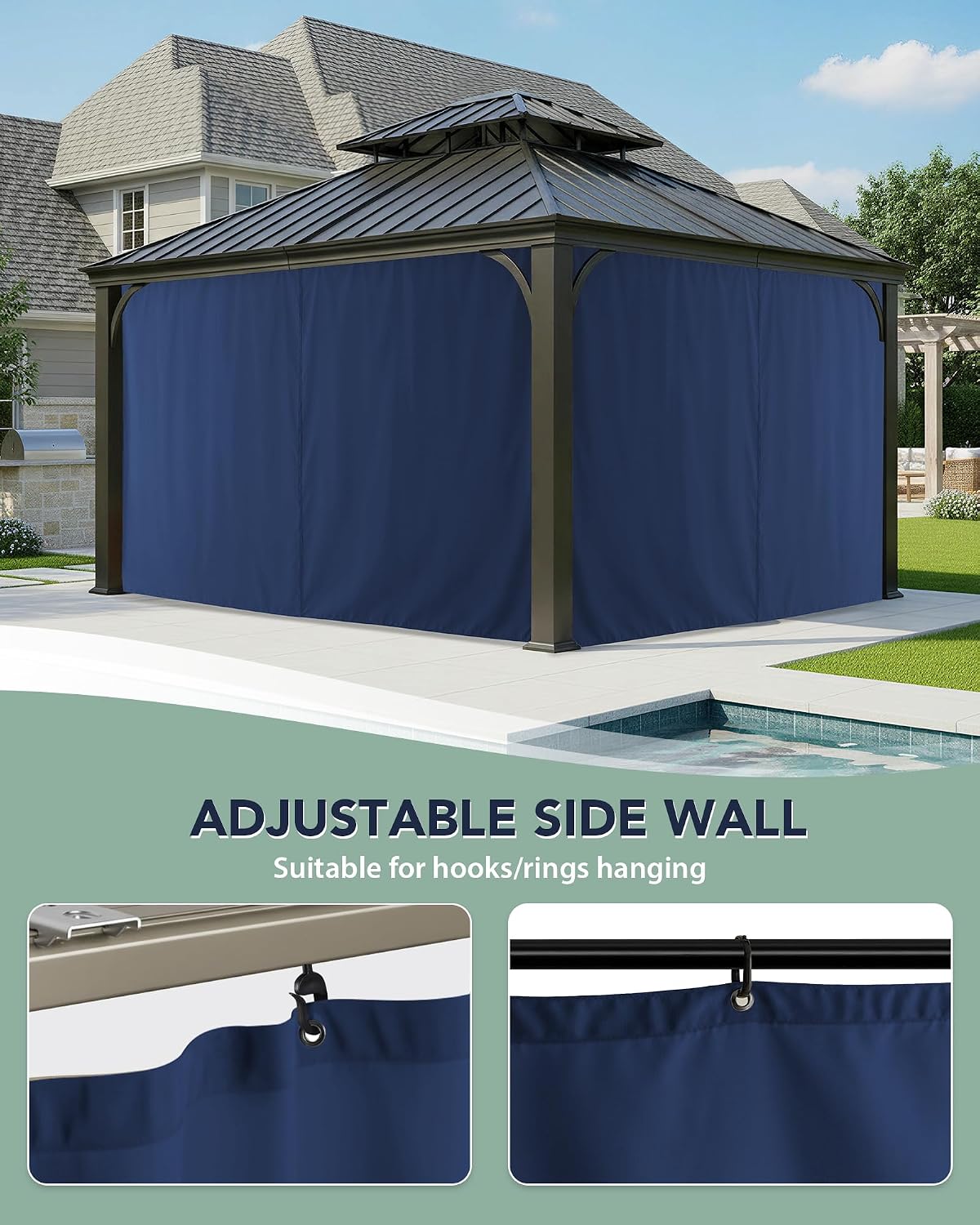 Gazebo Curtains Outdoor Waterproof with Zipper, 4-Panel, Navy image 5