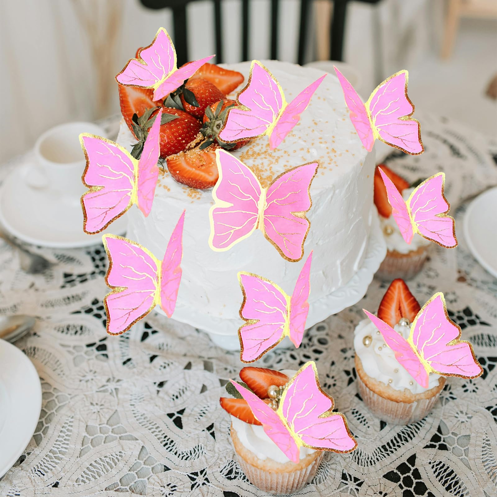 Rose Comestible Décorations Cupcakes Papillons - Lot De 30 - Cristal 3D - Rose - Pour Mariage/anniversaire Papillon Rose
