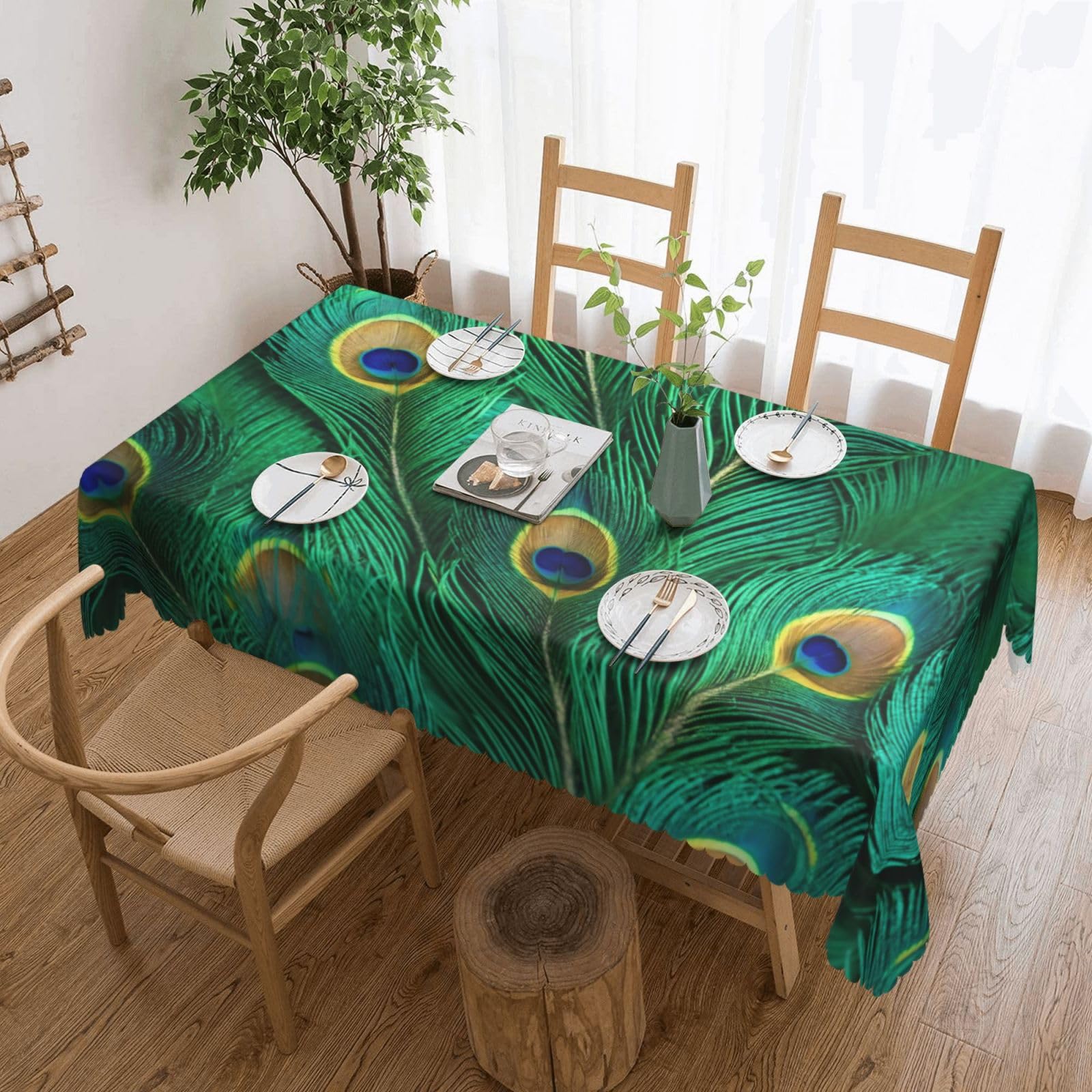 Nappe rectangulaire imprimé plumes de paon vertes de qualité pour grand événement