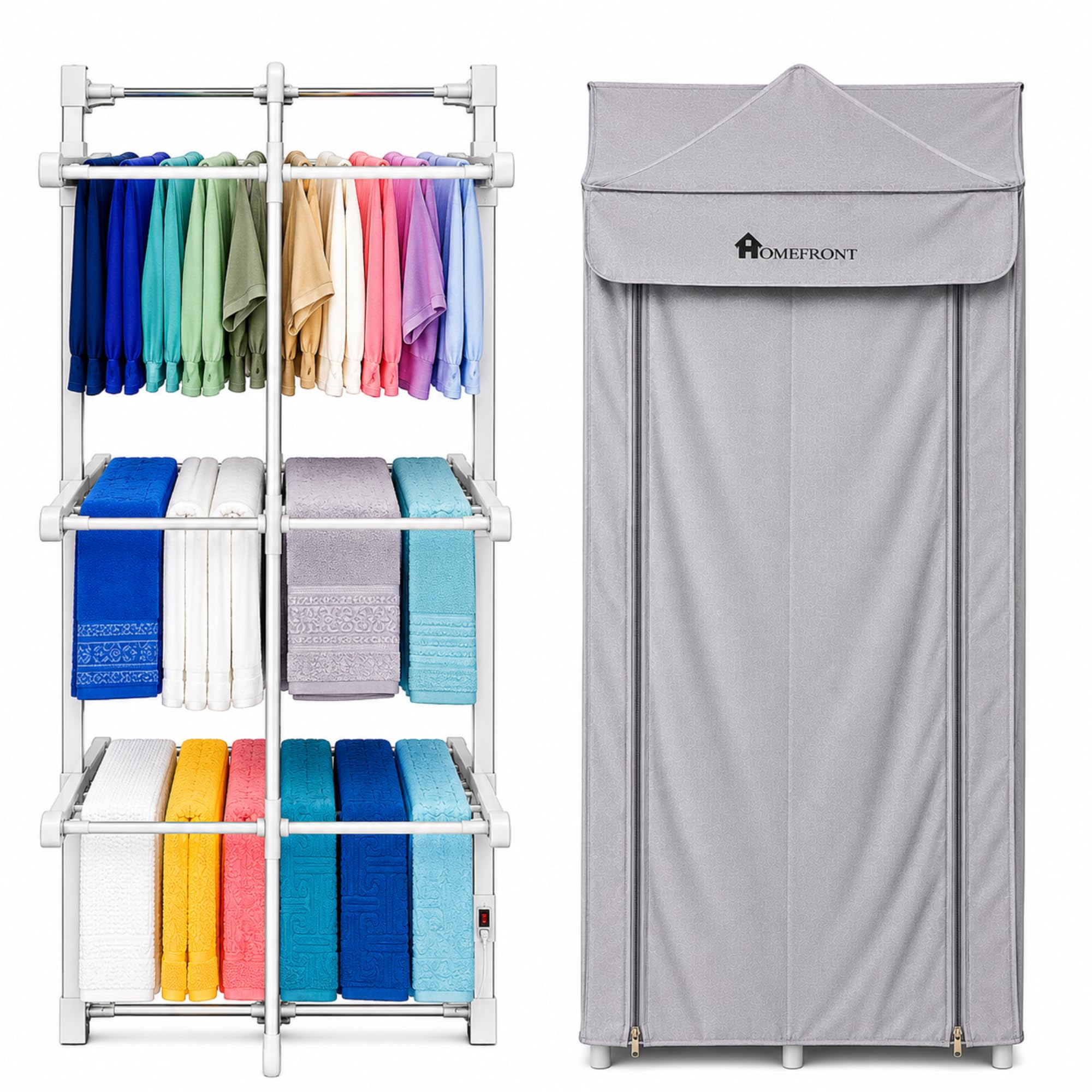 Homefront Heated Clothes Airer – EcoDry Electric 3-Tier Folding Indoor Dryer Rack with Free Zip-Up Cover, Energy-Efficient Heated Laundry Rack Horse, 330W