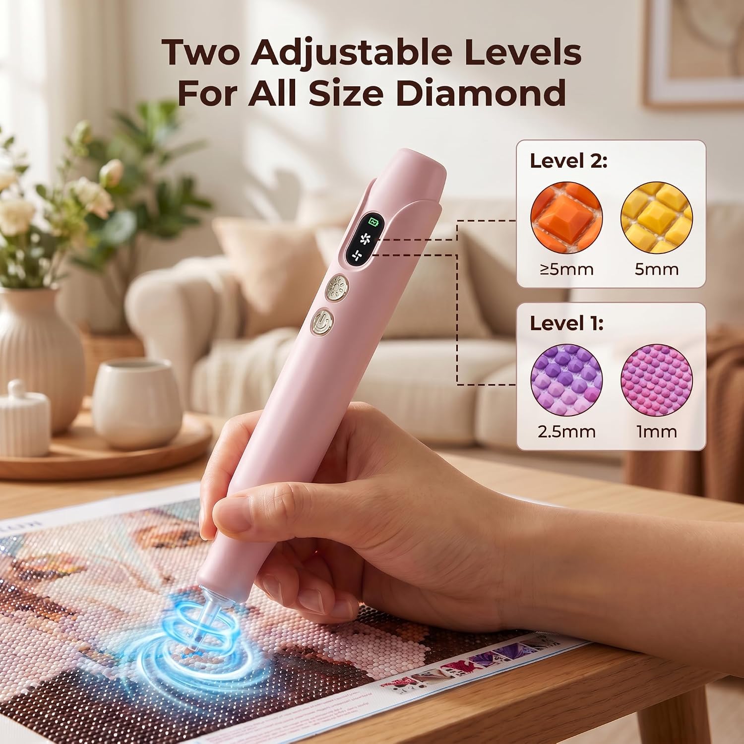 Electric Diamond Painting Pen, Rechargeable Cordless Diamond Art Pens with Light, No Wax Needed, Adjustable Suction Mode, Vacuum Technology, Diamond Art Kits Accessories for Adults & Kids - Pink