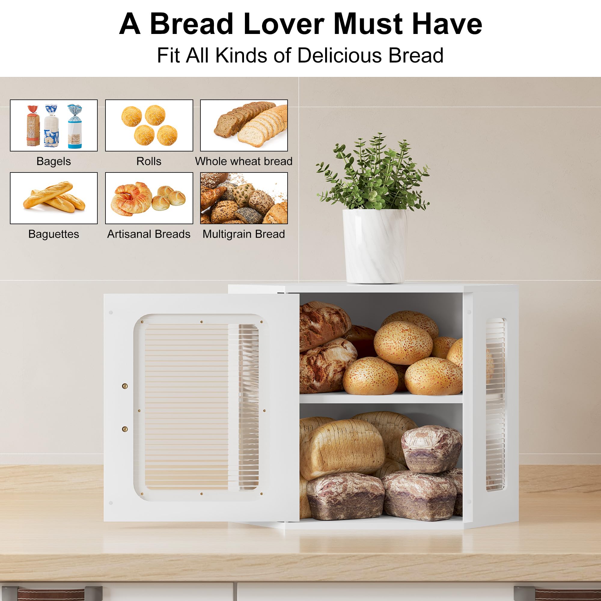 TQVAI Scatola per pane per piano di lavoro della cucina, grande contenitore angolare per pane a doppio strato, in legno, con finestra in acrilico, bianco