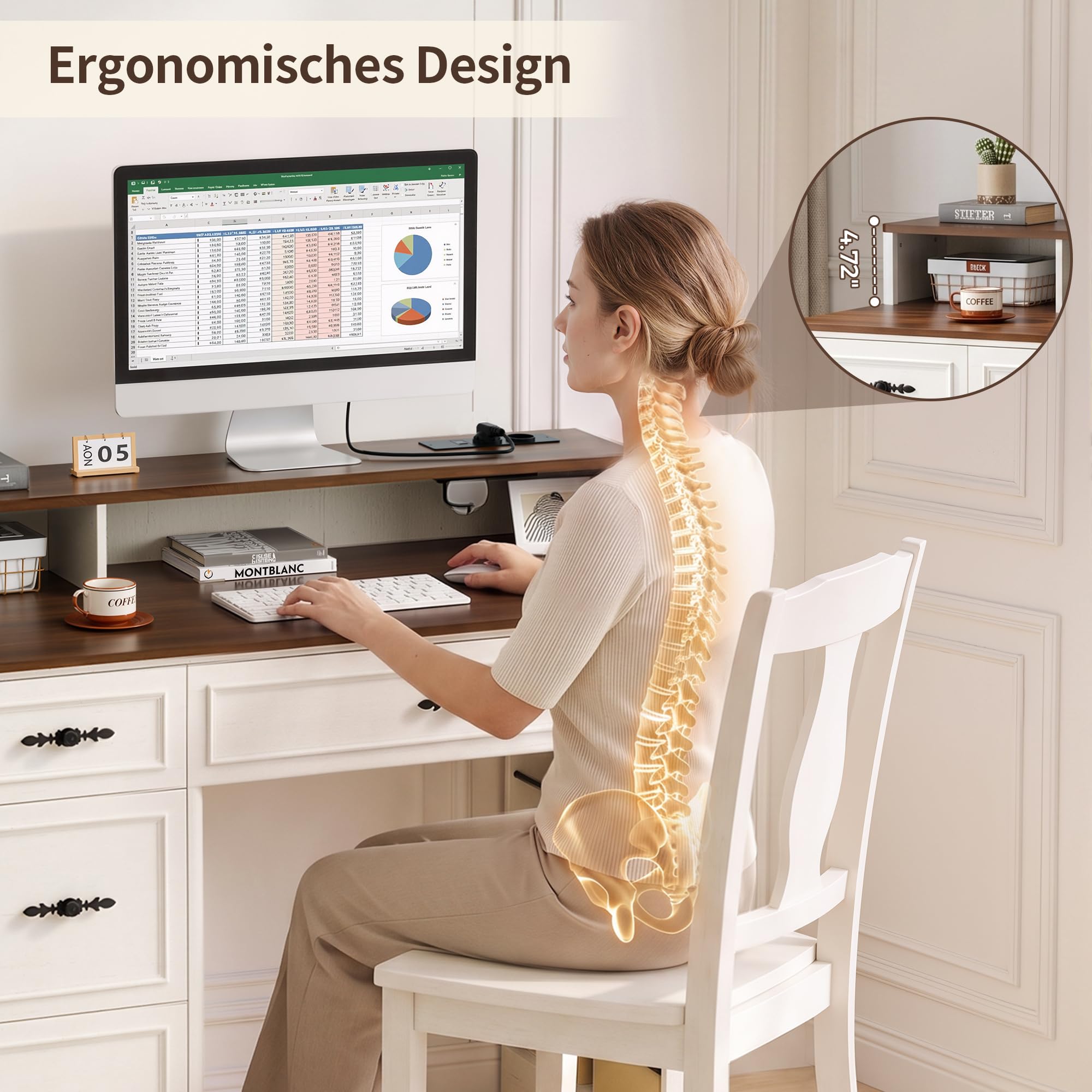 BonVache Schreibtisch Holz Mit Schubladen im Landhausstil 110cm mit A4 Akten-Schublade und Integrierter Ladesteckdose