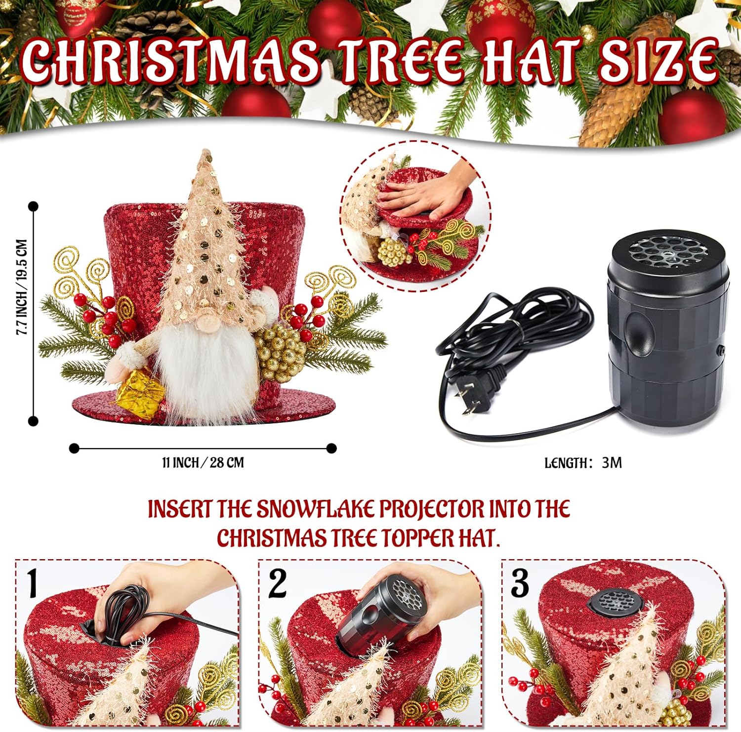 Christmas Tree Topper Hat Projector, Lighted Christmas Tree Topper with 3D LED Light Rotating Snowflake Christmas Projector Lights Gold Gnome Christmas Decorations Red Glitter Xmas Tree Top Hat Gifts