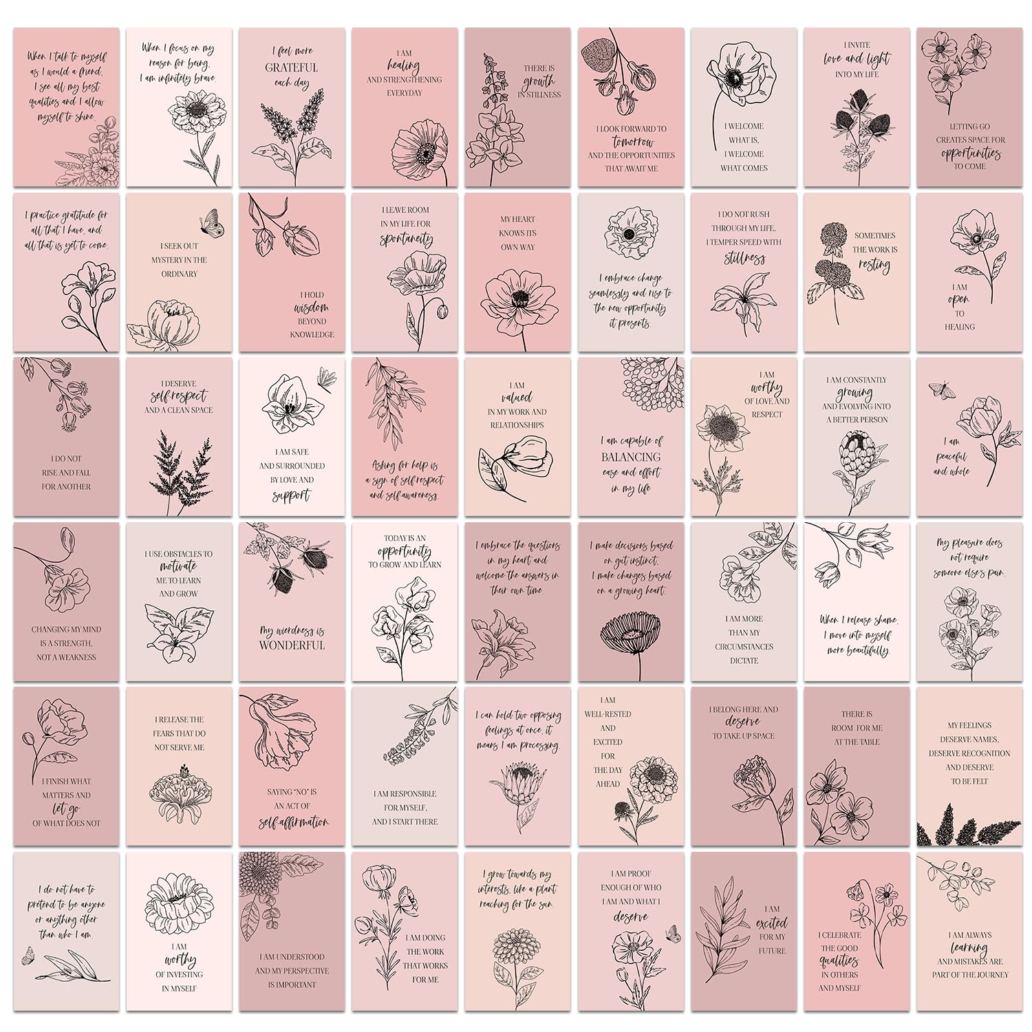ENEMBLE Set of 54 Wildflowers Positive Affirmation Posters (6x4 inch), Self Love Healing Quotes, Mental Health Encouragement Cards with Positive Uplifting Quotes