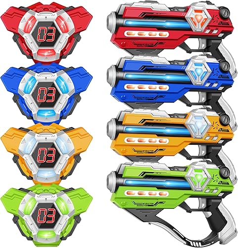 Juego de 4 pistolas de etiquetas láser con chalecos de pantalla LED digital para adolescentes, familia y adultos, juguetes de regalo de cumpleaños