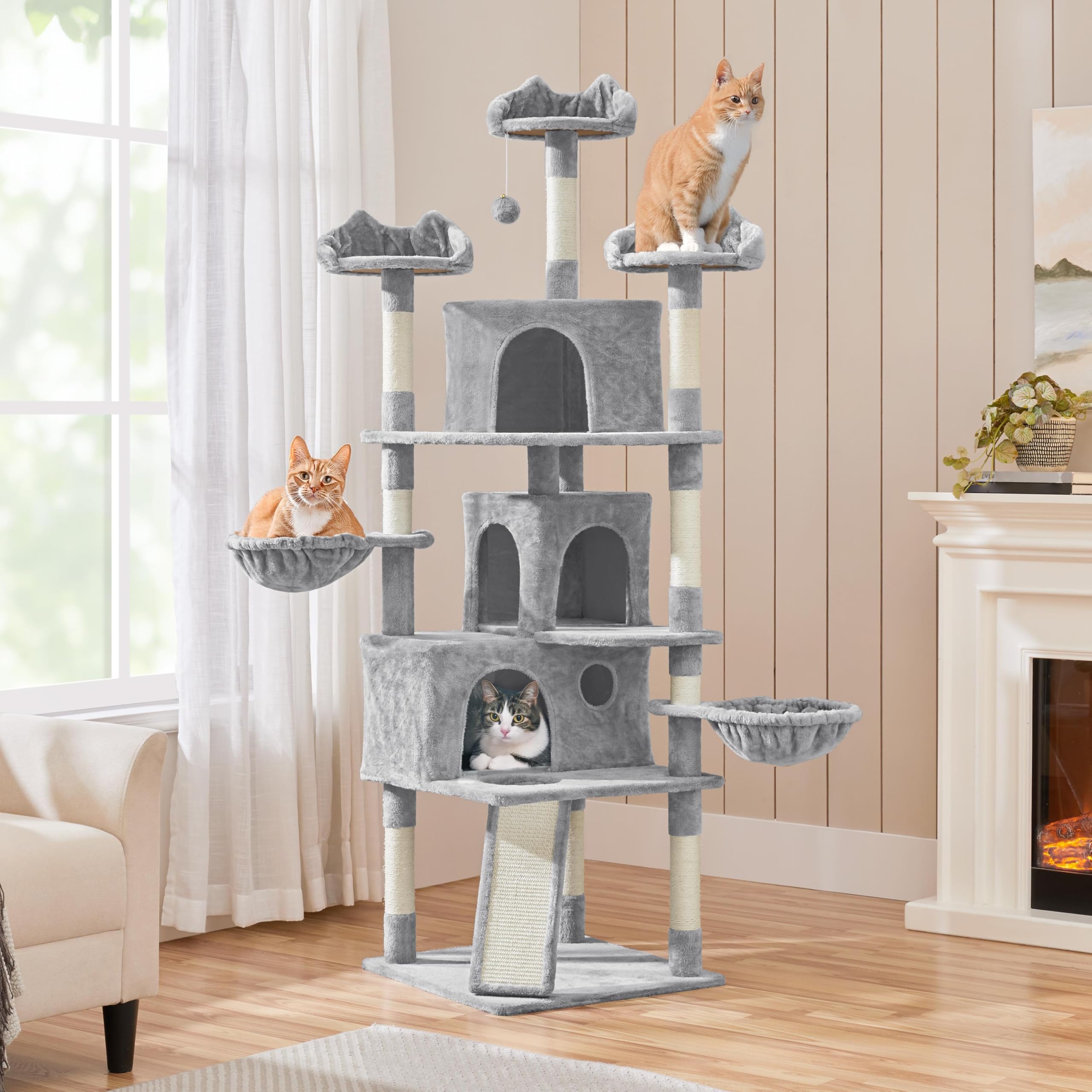 Abician Arbre à Chat Tour d'escalade 194 cm XXL, avec 3 Niches/3 Plateformes/2 Paniers/10 Poteaux en Sisal/Perchoirs, Multiniveau, Intérieur, pour 3-4 Chats, Gris Clair
