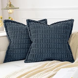 Blue Corduroy Decorative Throw Pillow Covers Pack of 2 Soft Striped Pillows Pillowcases with Broad Edge Modern Boho Home Decor for Couch Sofa Bed 18x18 Inch