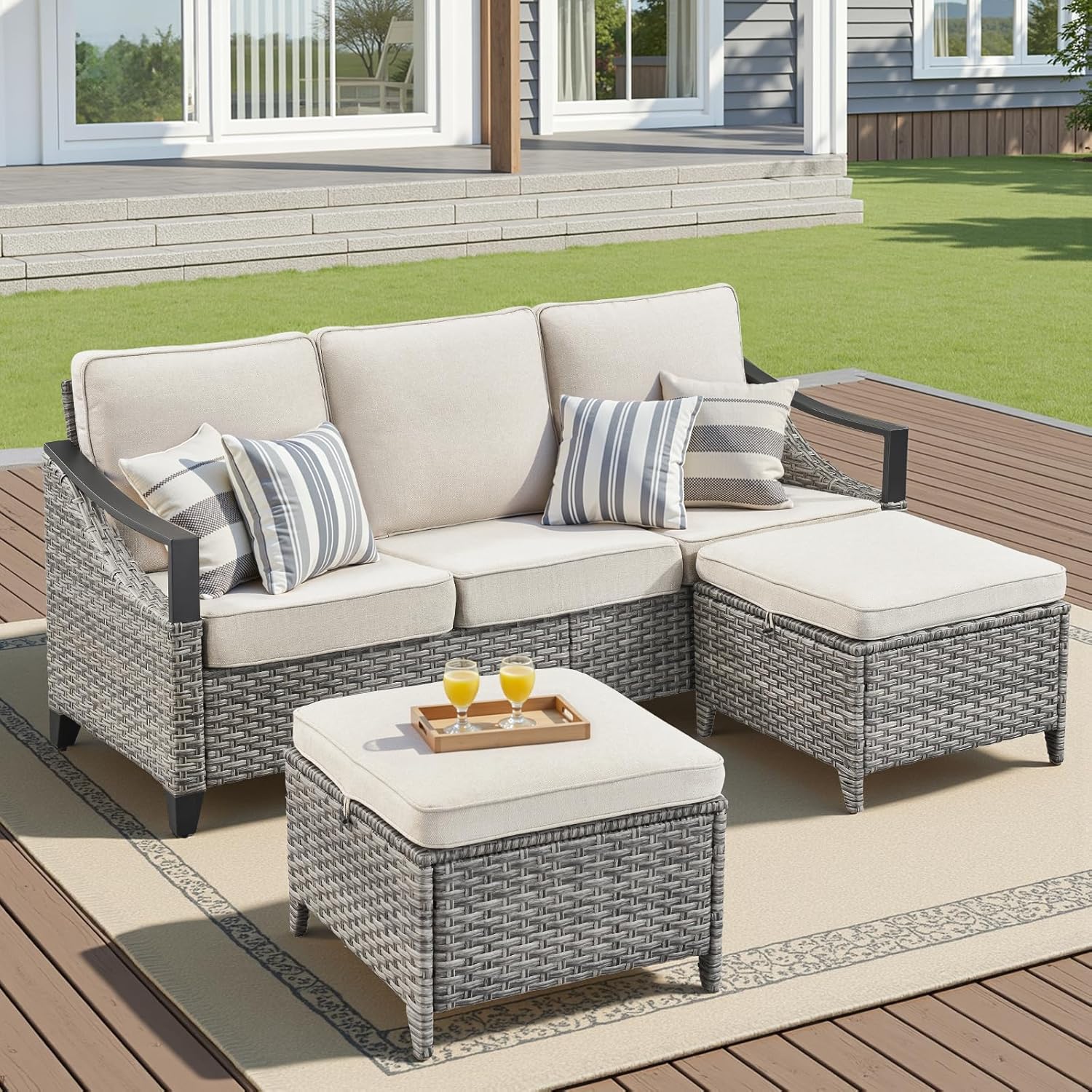 3 Pieces Outdoor Patio Furniture Sofa Set - PE Wicker Patio Furniture Couch with Multifunctional Ottoman and All-Weather Patio Conversation Set for Backyard Porch Garden Grey/Beige