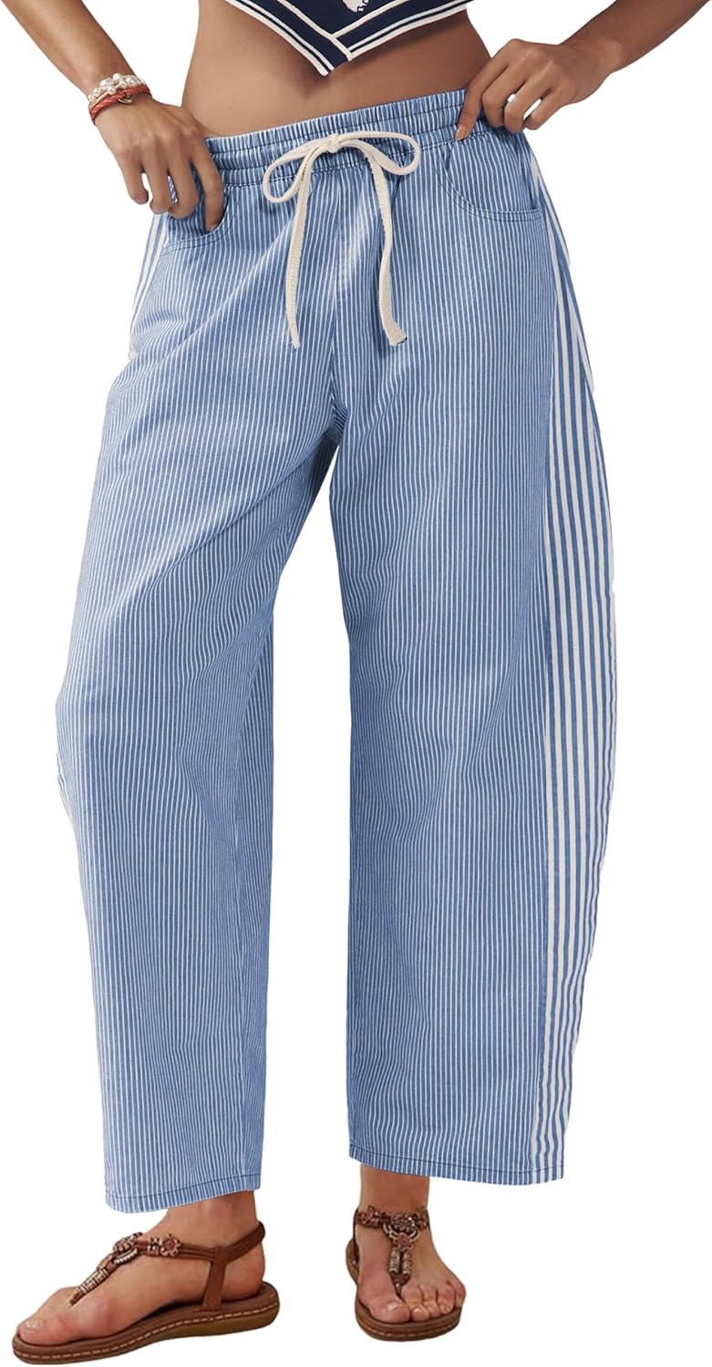 SCUSTY Women's Baggy Wide Leg Jeans Mid Rise Barrel Denim Ankle Pants Casual Striped Pull On Drawstring Trousers with Pockets