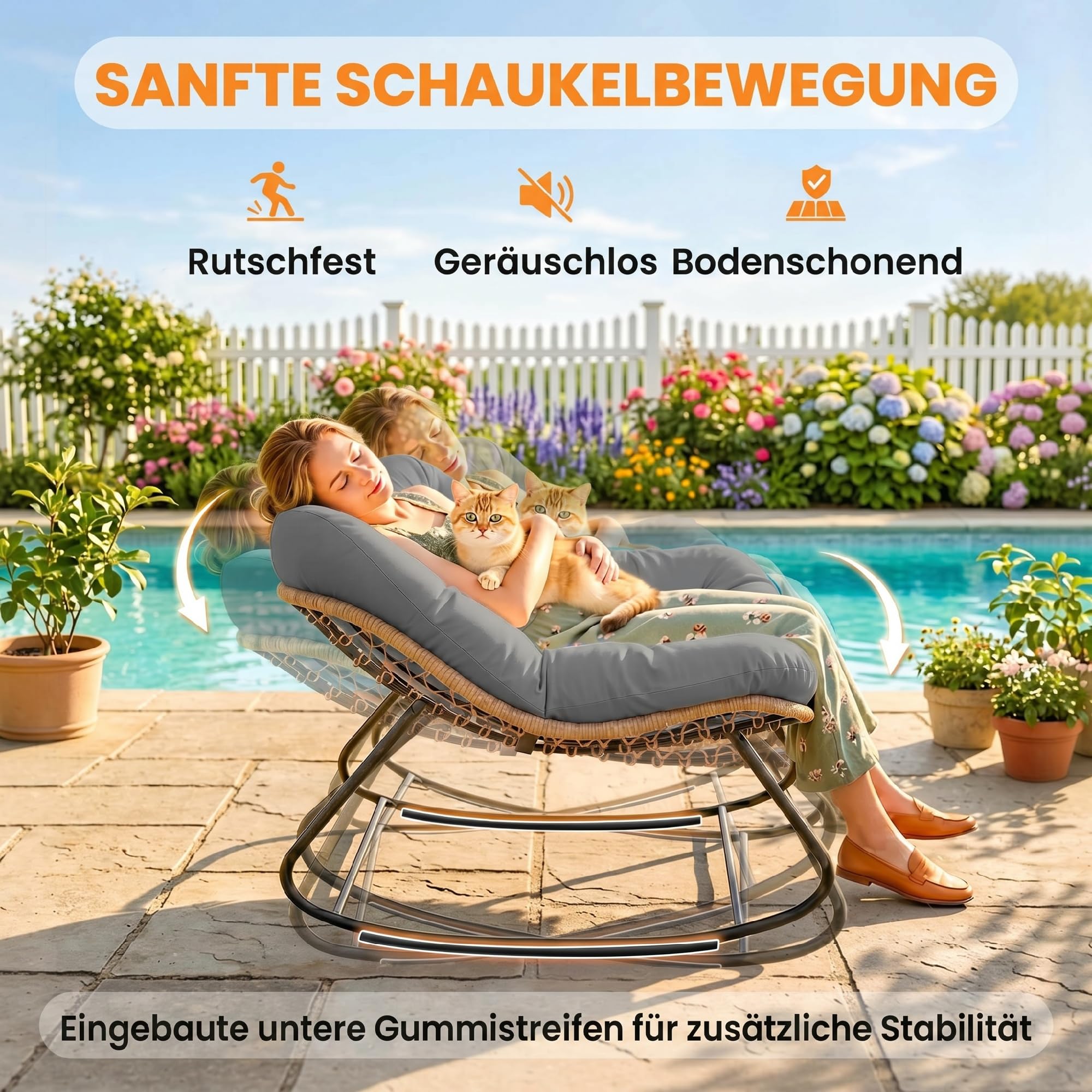 Outsunny Fotel bujany z poduszką, odporny na warunki atmosferyczne, do 120 kg, fotel relaksacyjny na zewnątrz do salonu, ogrodu, trawnika, balkonu, werandy, szary