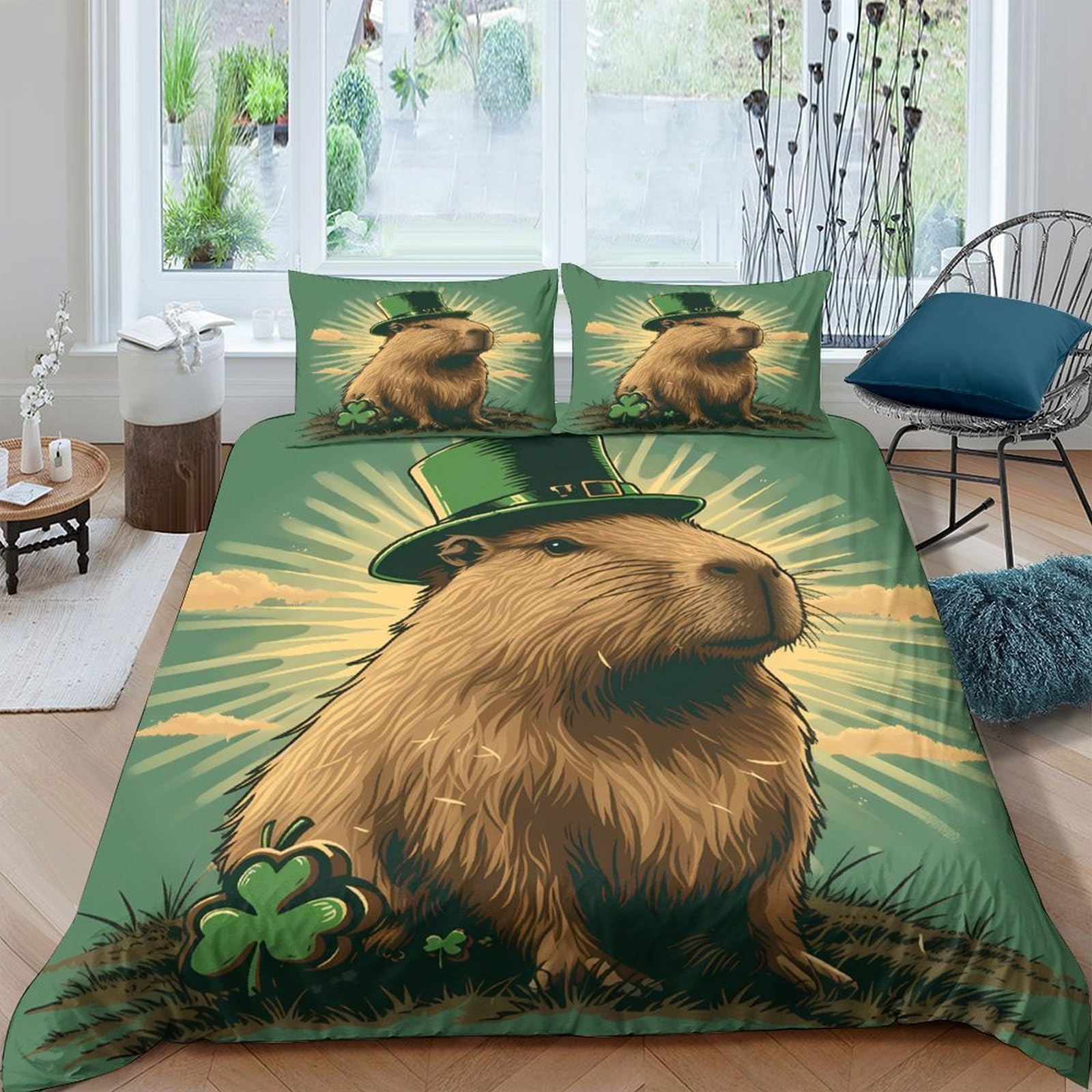 Ctjqhvkz Style-1 3D Printed Capybara Art Fitted Sheet Microfiber Green Hat Bed Sheet For Bedroom Guest Room Dorm Mattress Decor Single（135X200cm）
