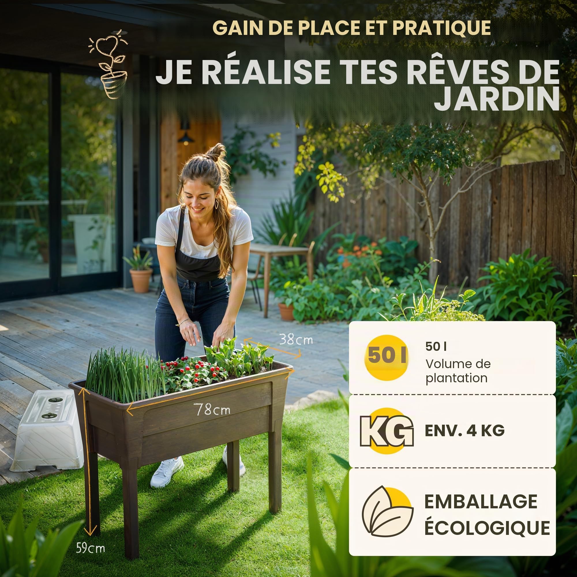Ondis24 Victoria Jardinière de jardin pour balcon, jardinière avec serre, volume 50 l, réservoir d'eau, irrigation goutte à goutte, pieds amovibles, convient pour l'extérieur (marron)