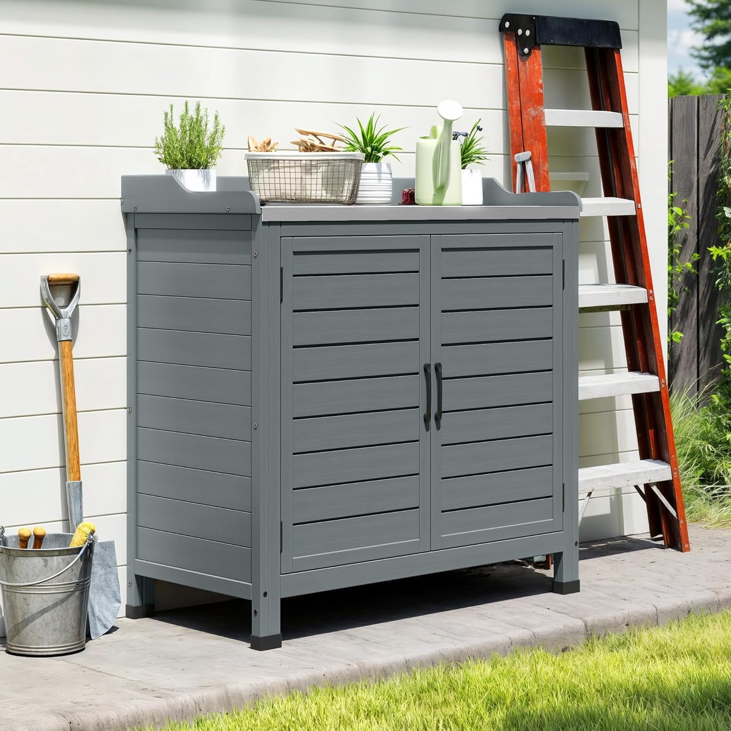 DWVO Outdoor Potting Bench Table with Cabinet & Metal Top, Garden Potting Table with Detachable Shelf, Wooden Work Table for Patio, Backyard, Greenhouse, Gray - Image 2