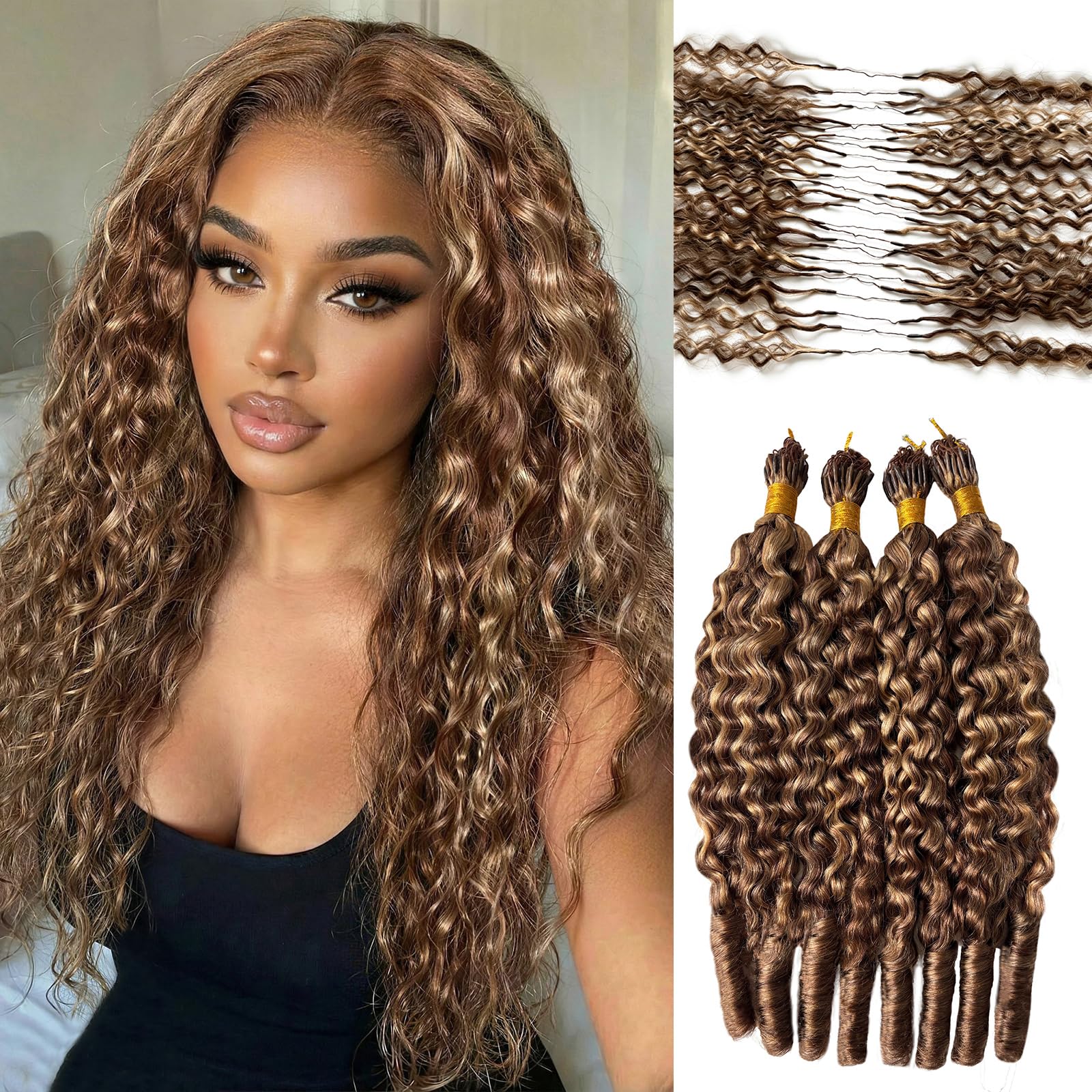 Photo 1 of Burmese Curly Feather Crochet Hair, Miracle Knots Hair Water Wave #4P27 Ombre Honey Blonde Piano Color Hair Bundles for Black Women Pre-Separated Invisible Knotless Feathered Crochet Hair 20in 100G
