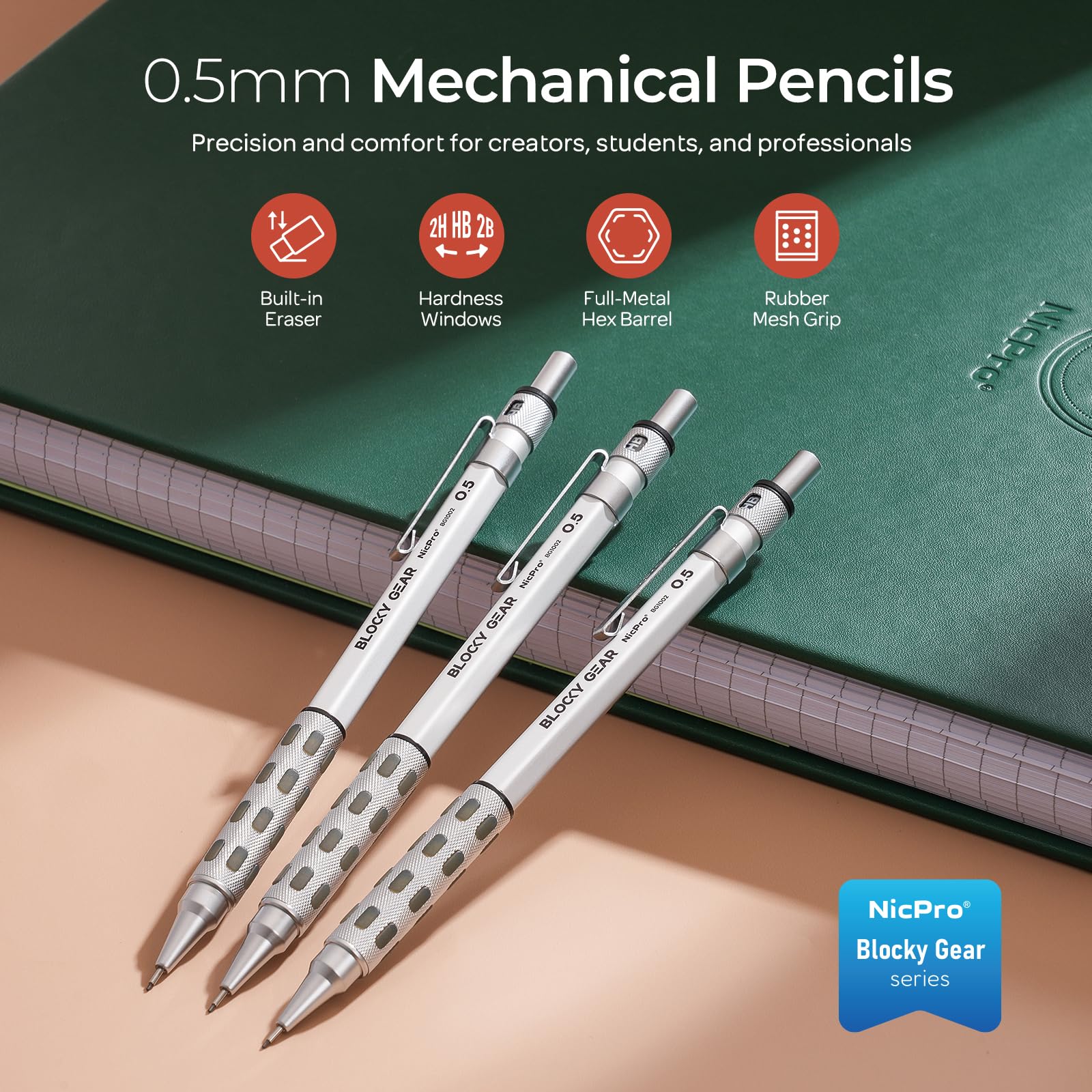 Nicpro Blocky Gear - Juego de 3 lápices mecánicos de 0,5 mm en estuche, lápices de metal con 8 tubos de recambio de minas (HB y 2B), gomas de borrar y borrador amasado para escritura artística