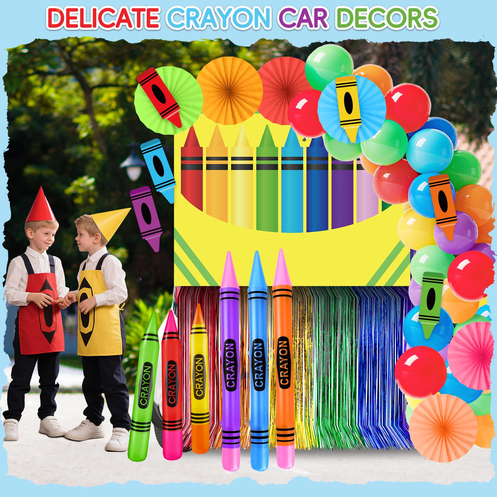 85 Stück Buntstifte, Halloween-Dekoration für Kofferraum oder Leckereien, bunte Buntstifte, Hintergrund, aufblasbare Buntstifte, Regenbogen-Folie, Fransenvorhang, Papierfächer, Luftballons, Aufkleber