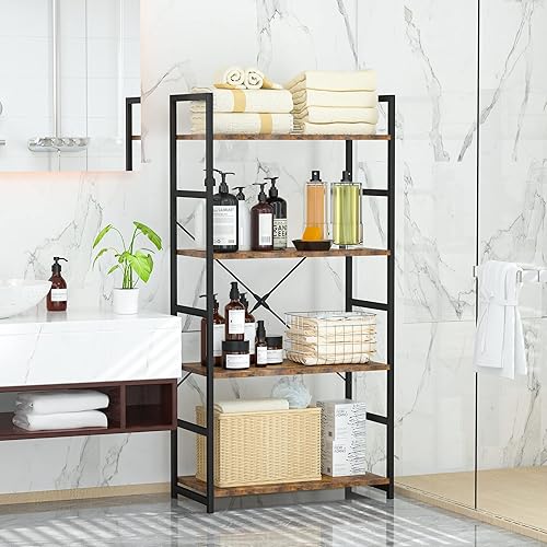 Miniatura 7 de OTK Estantería de 4 niveles, estantería alta, organizador de almacenamiento de estante de oficina, estante moderno para sala de estar, dormitorio y