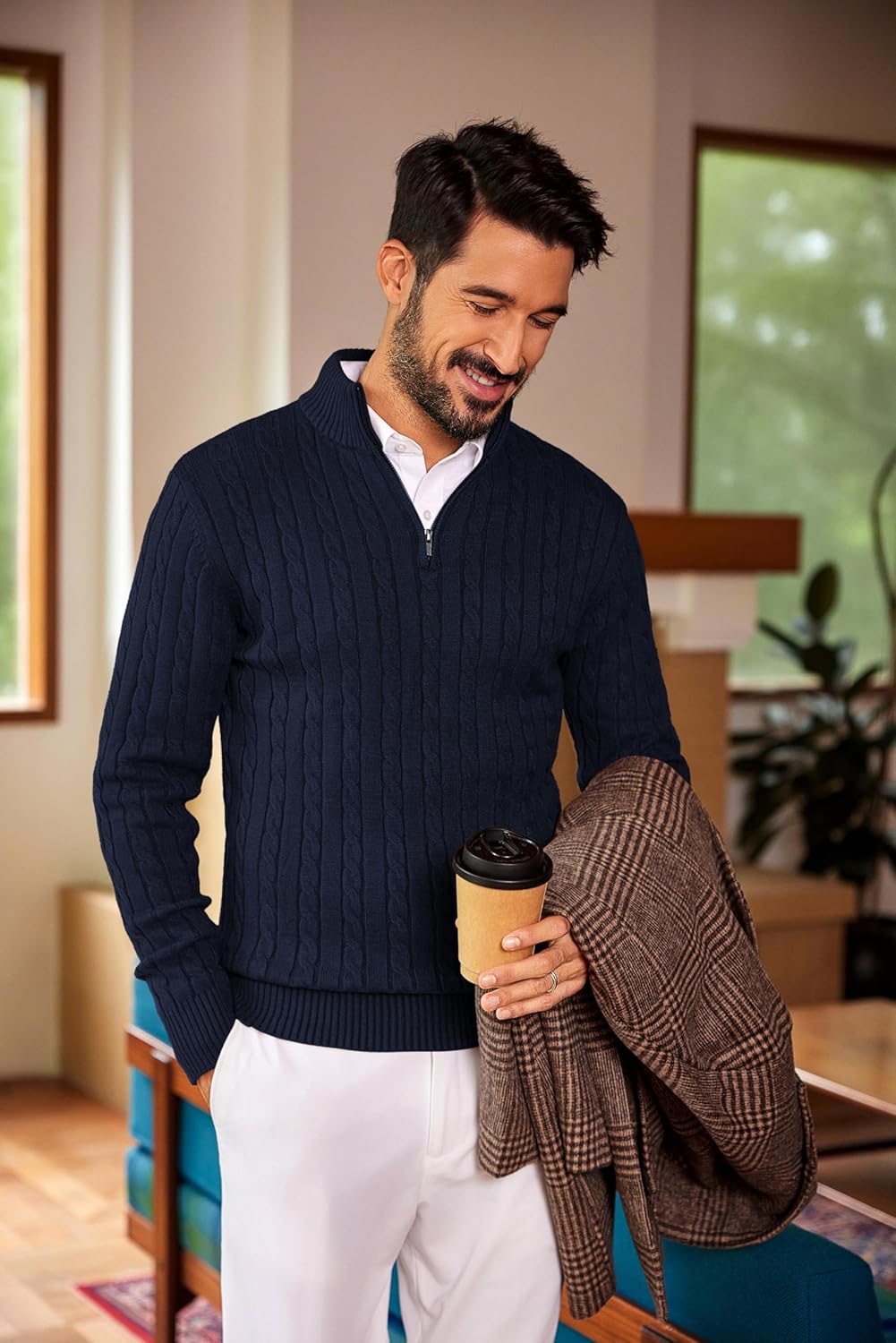 COOFANDY Men's Quarter Zip Sweater Slim Fit Casual Knitted Turtleneck Pullover Mock Neck Polo Sweater - Image 2