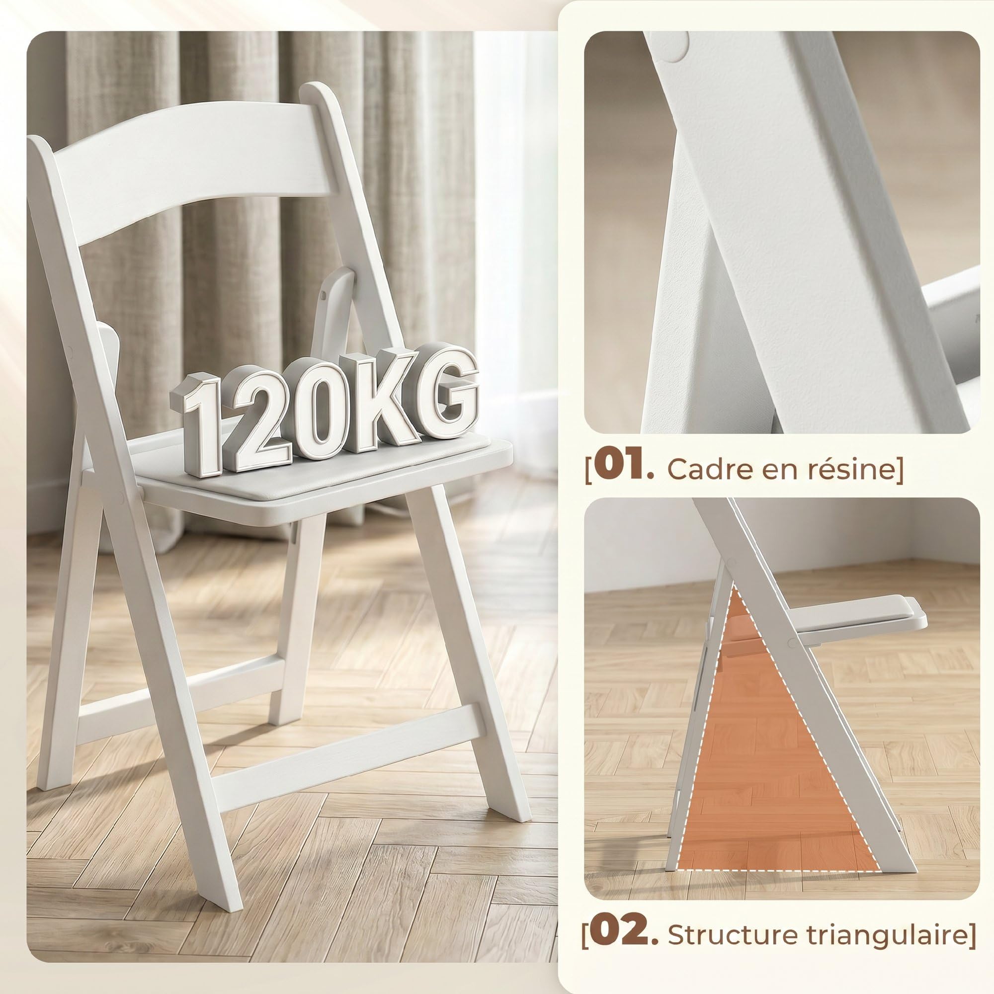 HOMCOM Lot de 4 Chaises Pliantes en Résine Portables 45x44x78 cm Blanc