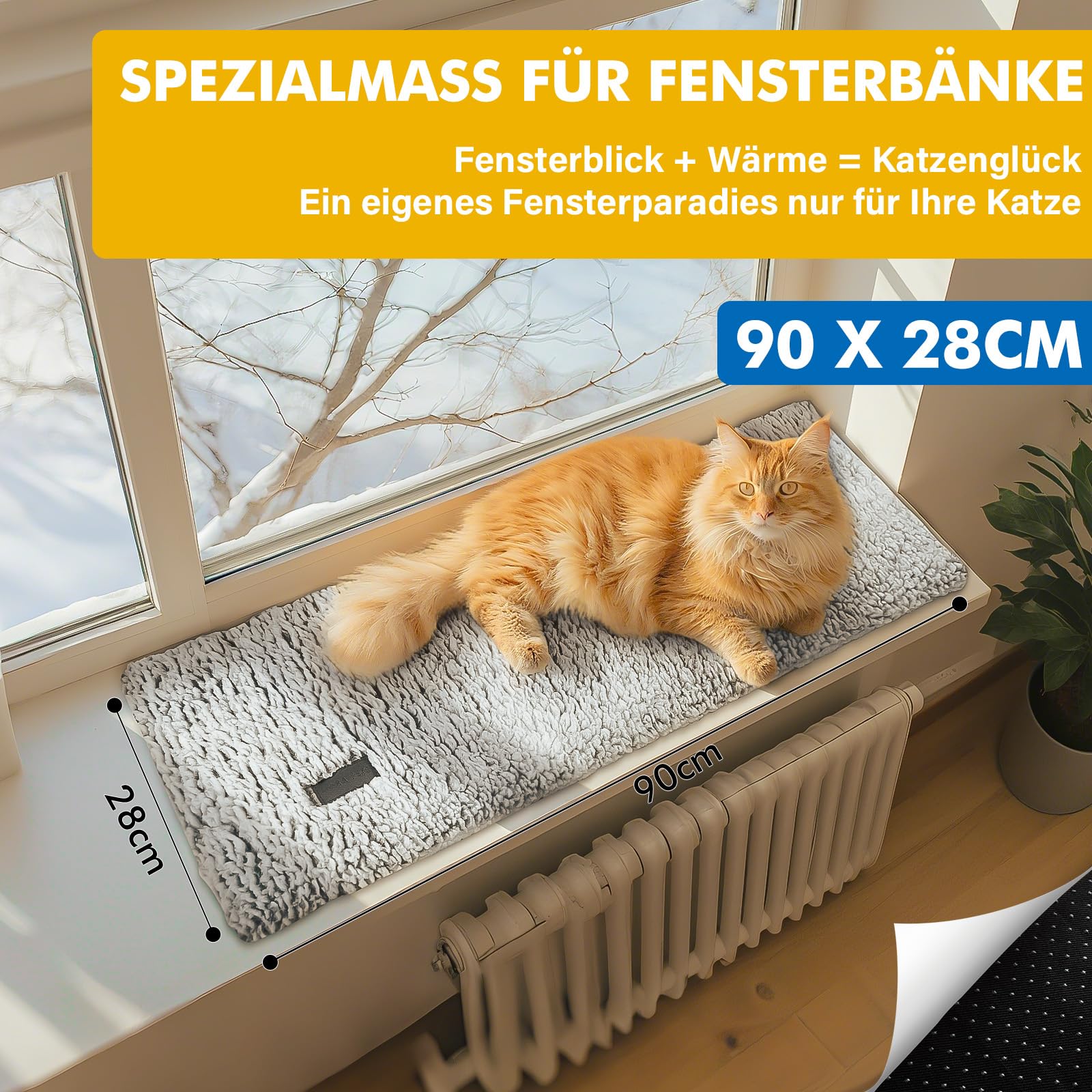 Mora Pets Katzen Fensterliege Katzenbett Fensterbank rutschfest, Selbstheizende Katzendecke für Fenster, Wärmedecke Ohne Strom, Katzenliege Fenster Flauschig & Weich, Waschbarer Bezug, 90 x 28 cm
