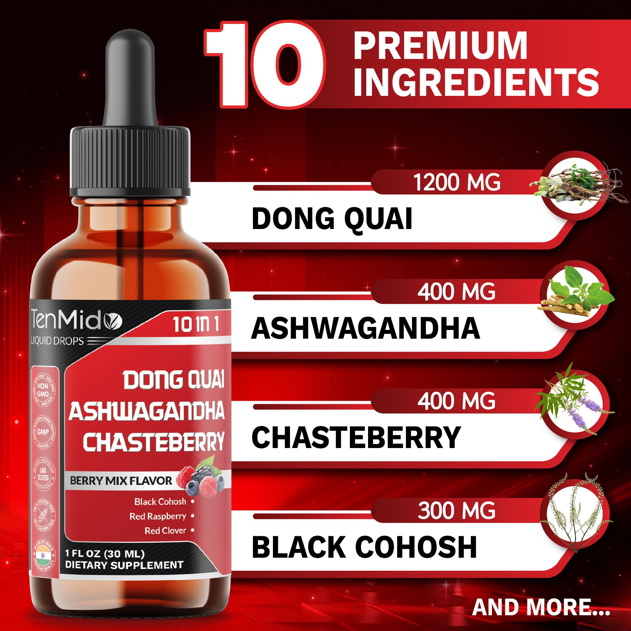 10in1 Liquid Dong Quai Supplement for Women with Ashwagandha, Chasteberry, Black Cohosh, Red Clover, Magnolia, Red Raspberry, Hops Flower, Lemon Balm, and Ginger - 30ml 1 Fl Oz — Amazon image 3