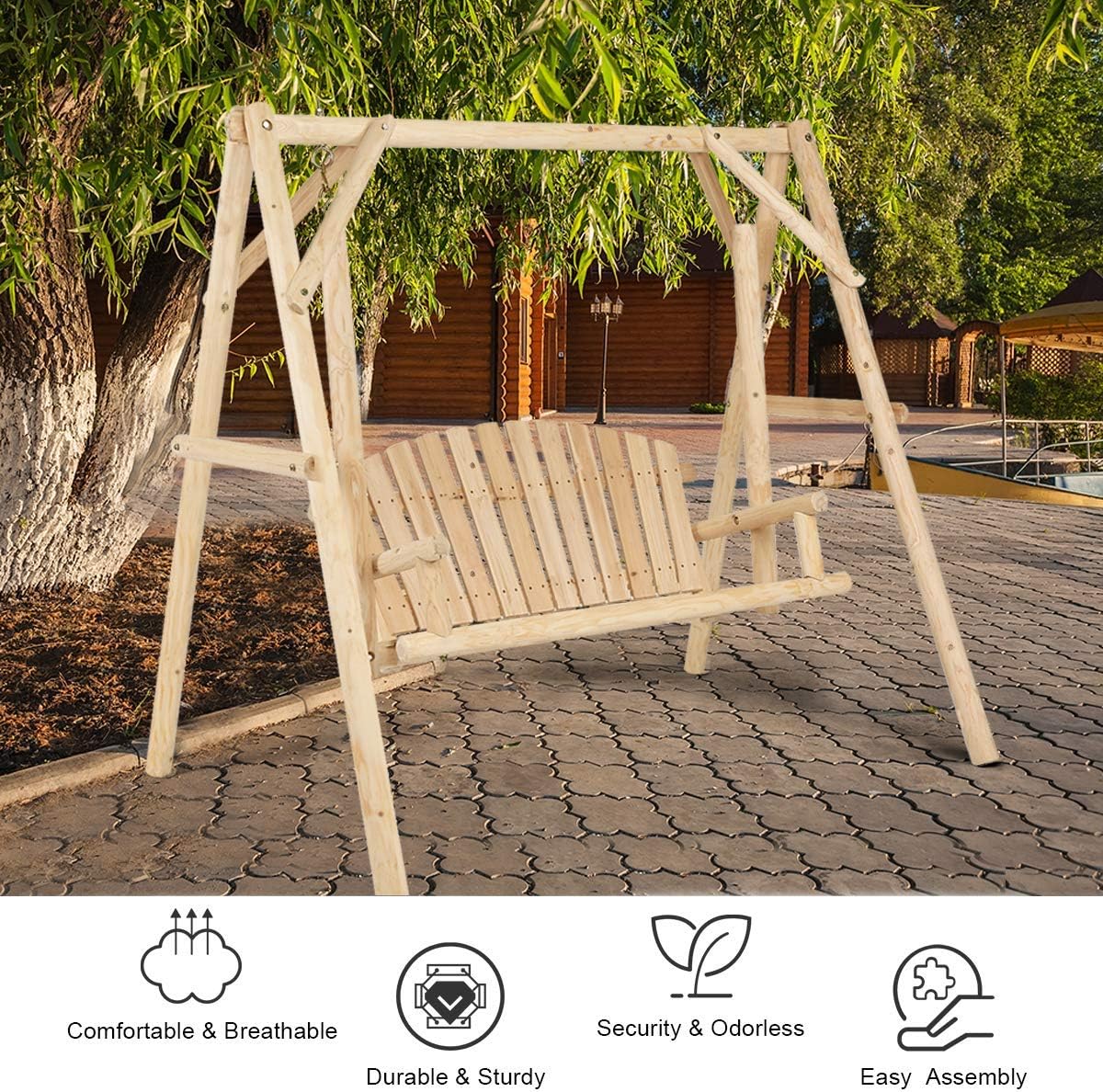 Tangkula A-Frame Wood Log Swing Bench, Outdoor Rustic Curved Back Swing Chair for Patio Garden Yard